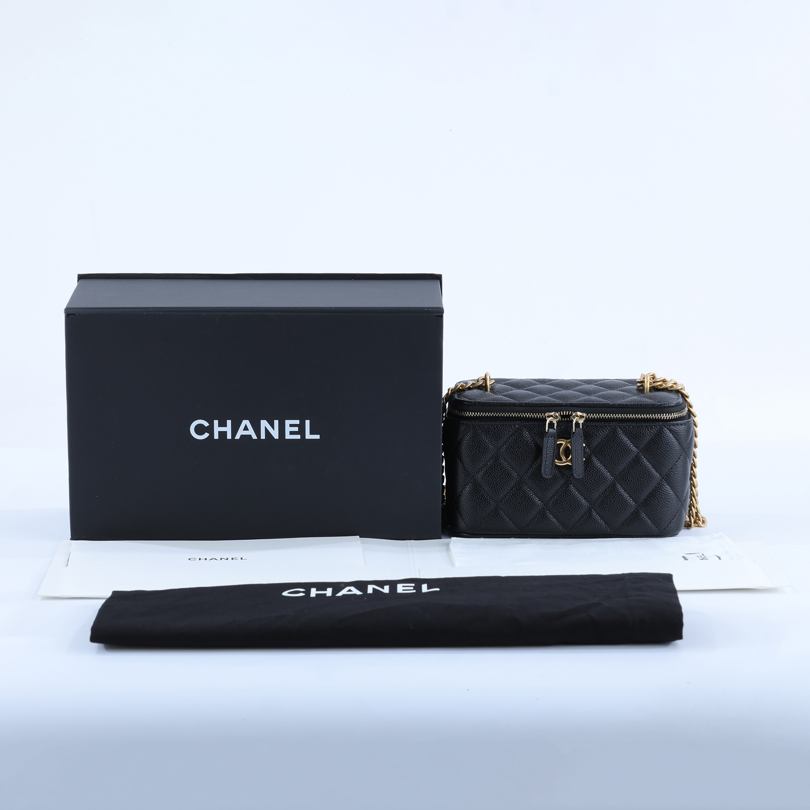 香奈兒 CHANEL Vanity 化妝箱 化妝盒 肩背包 斜背包 AP3204 晶片款 黑荔枝愛心調節長盒子 原廠盒子/防塵袋