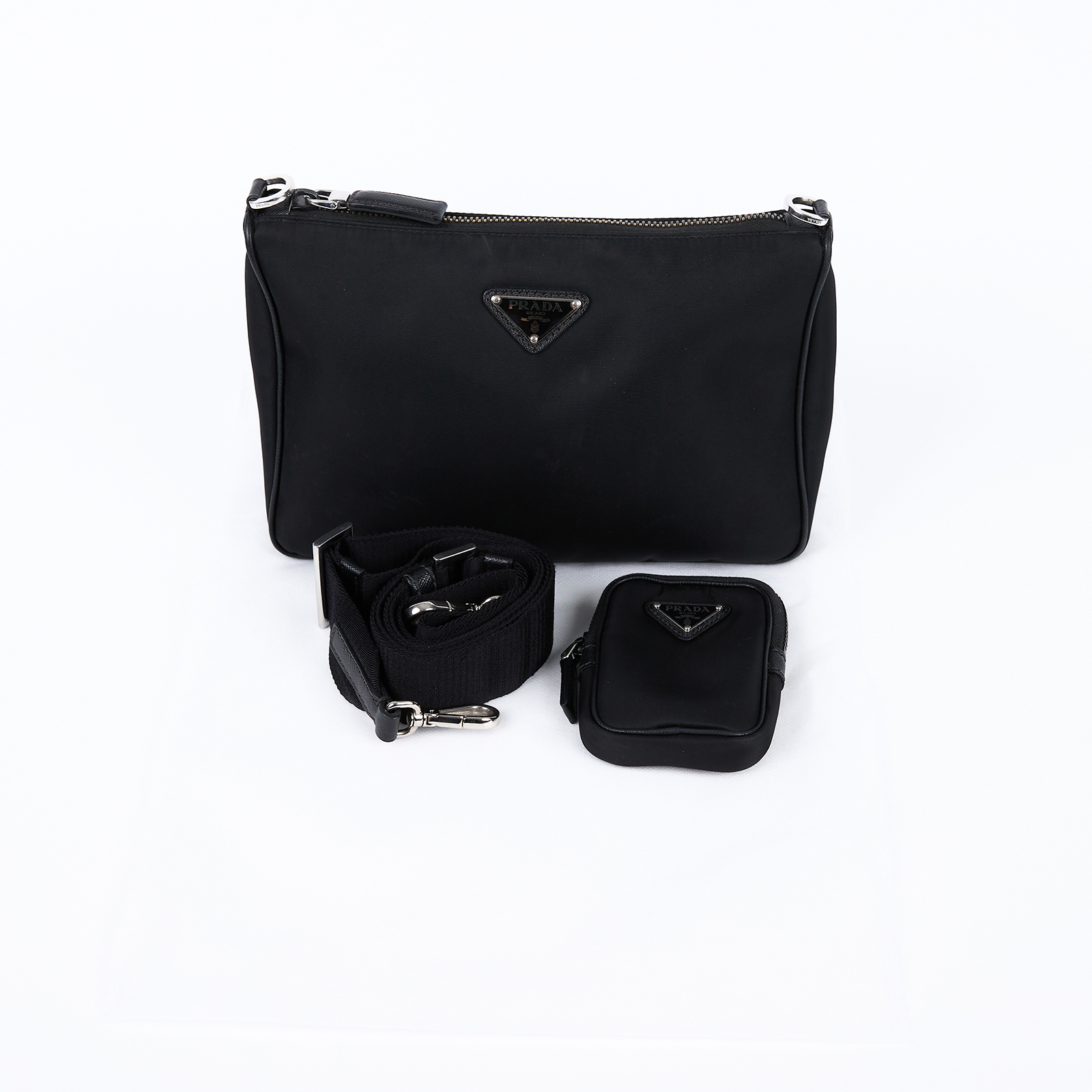 普拉達 PRADA Re-Nylon Saffiano 皮革肩背袋 2VH113_2DMH 黑尼龍二合一斜背包 背帶/內袋