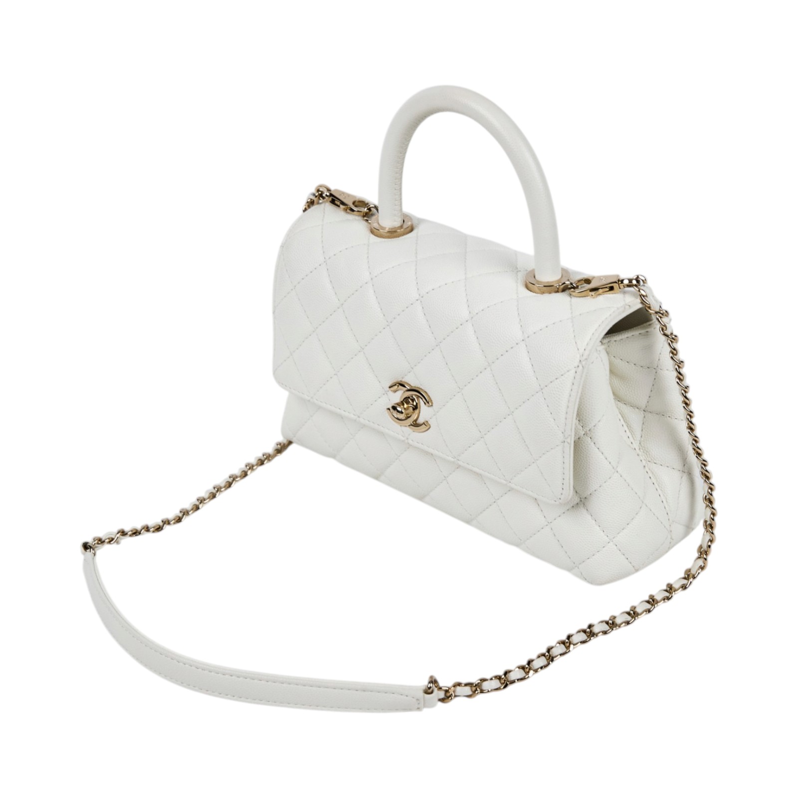 香奈兒 CHANEL Handle 24 手提 口蓋包 A92990 晶片款 白淡金荔枝COCO HANDLE 24 防塵袋/背帶