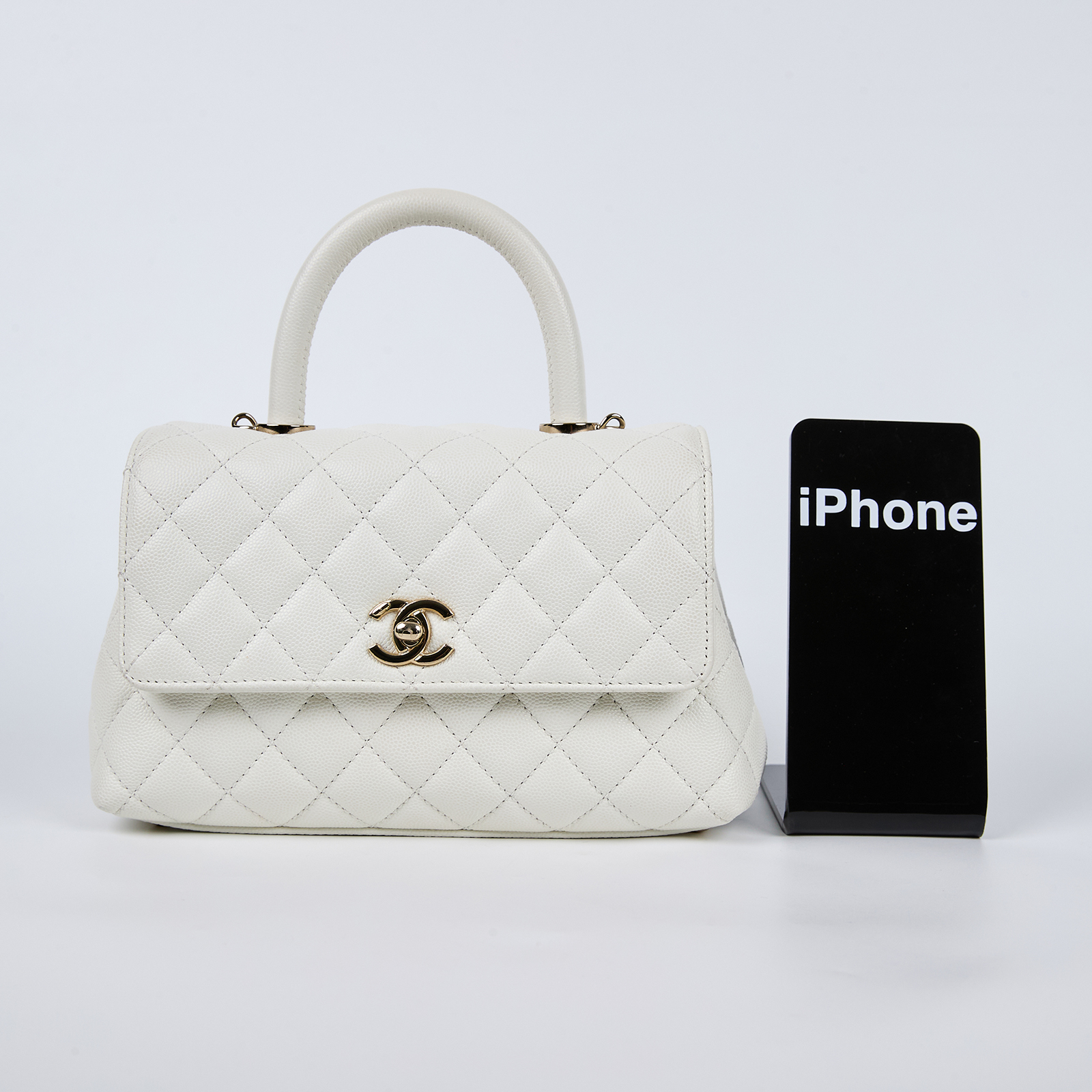 香奈兒 CHANEL Handle 24 手提 口蓋包 A92990 晶片款 白淡金荔枝COCO HANDLE 24 防塵袋/背帶