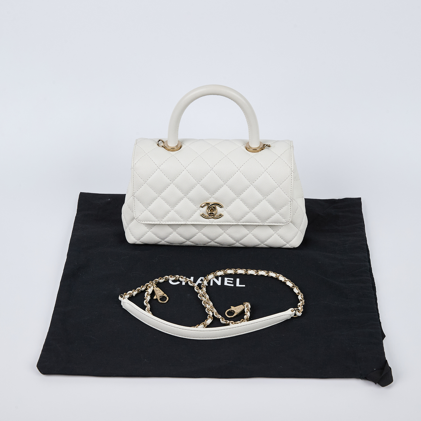 香奈兒 CHANEL Handle 24 手提 口蓋包 A92990 晶片款 白淡金荔枝COCO HANDLE 24 防塵袋/背帶