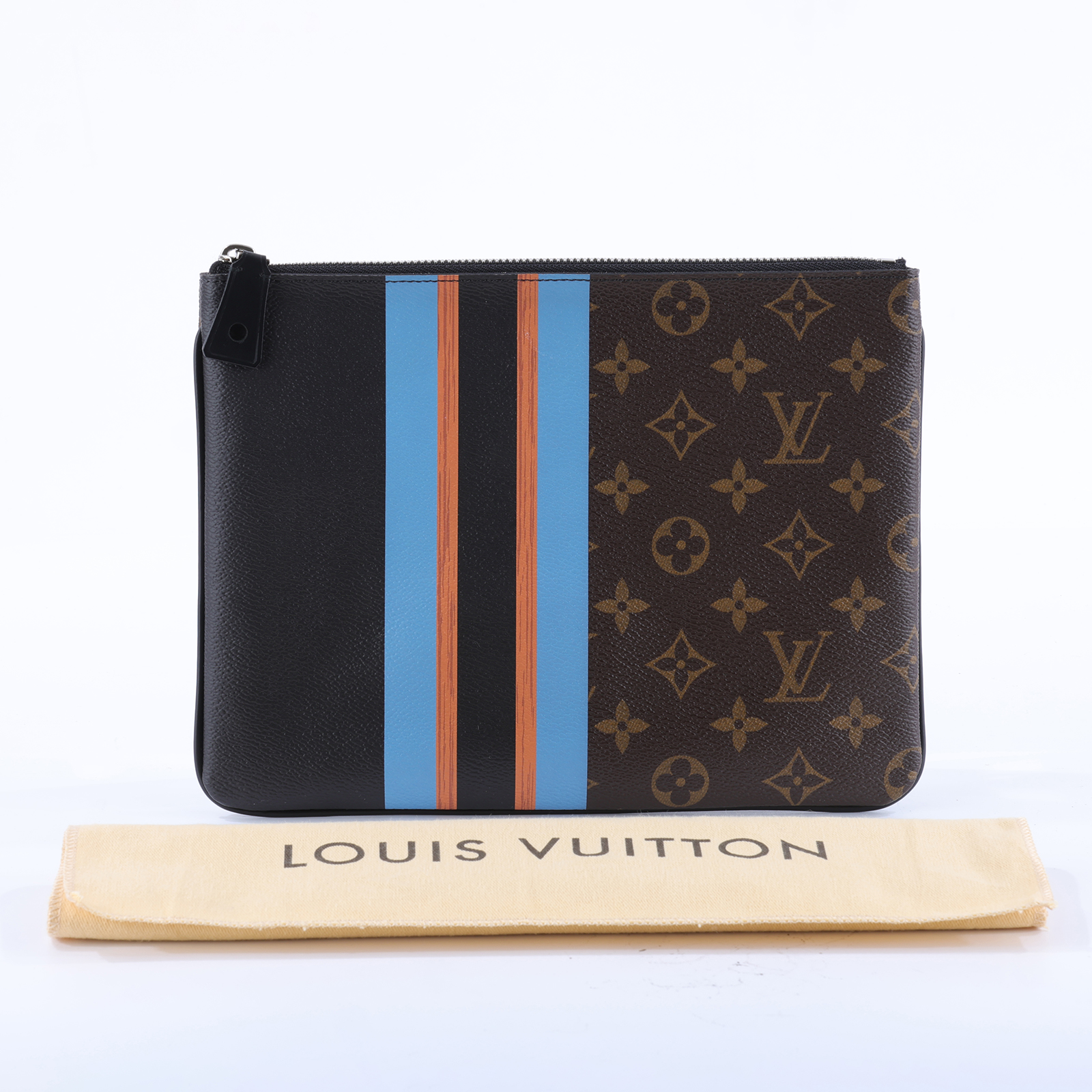 路易威登 LOUIS VUITTON Plate MM 手拿包 M62378 原花拼藍橘線條手拿包 防塵袋