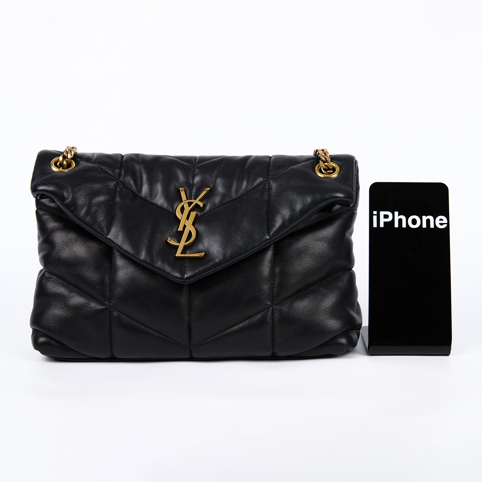 聖羅蘭 YSL SAINT LAURENT Puffer 絎縫納帕皮包 小型 金色五金 5774761EL07 黑金PUFFER小號 防塵袋