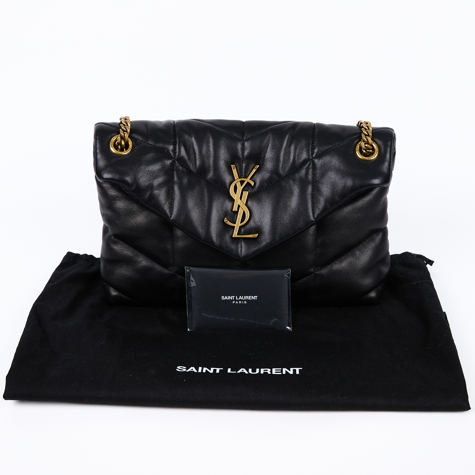 聖羅蘭 YSL SAINT LAURENT Puffer 絎縫納帕皮包 小型 金色五金 5774761EL07 黑金PUFFER小號 防塵袋