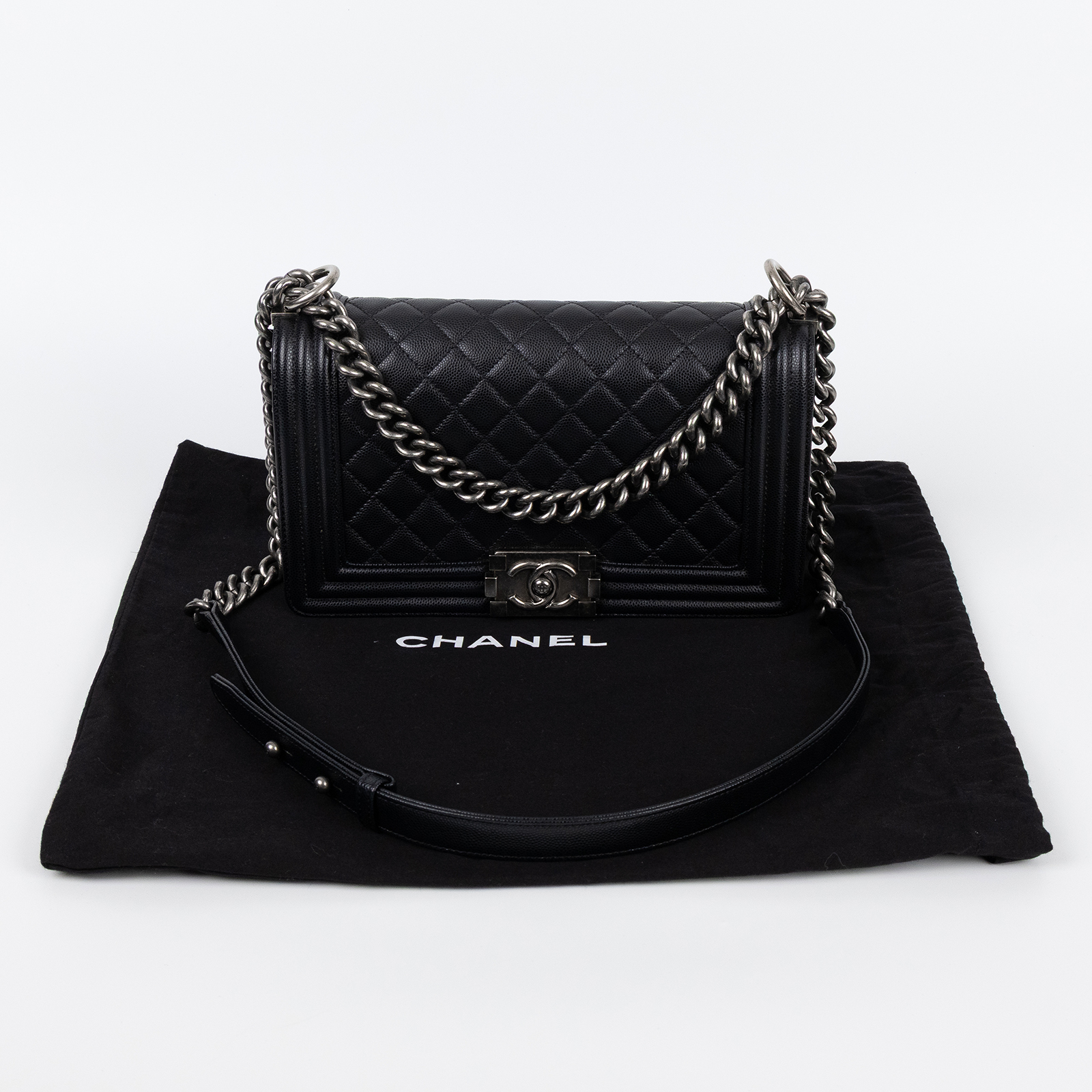 香奈兒 CHANEL Boy 25 斜背 口蓋包  30開 黑色荔枝皮BOY25 防塵袋