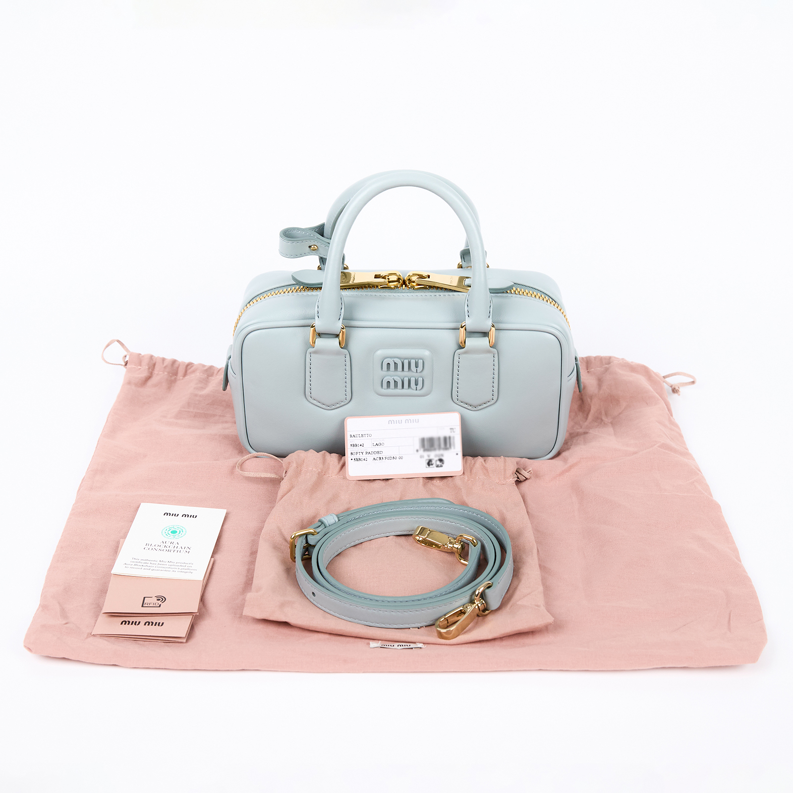 繆繆 MIU MIU Arcadie 皮革 手袋 標準 5BB142_ACR3 湖水藍SOFTY PADDED 防塵袋/背帶/品控卡