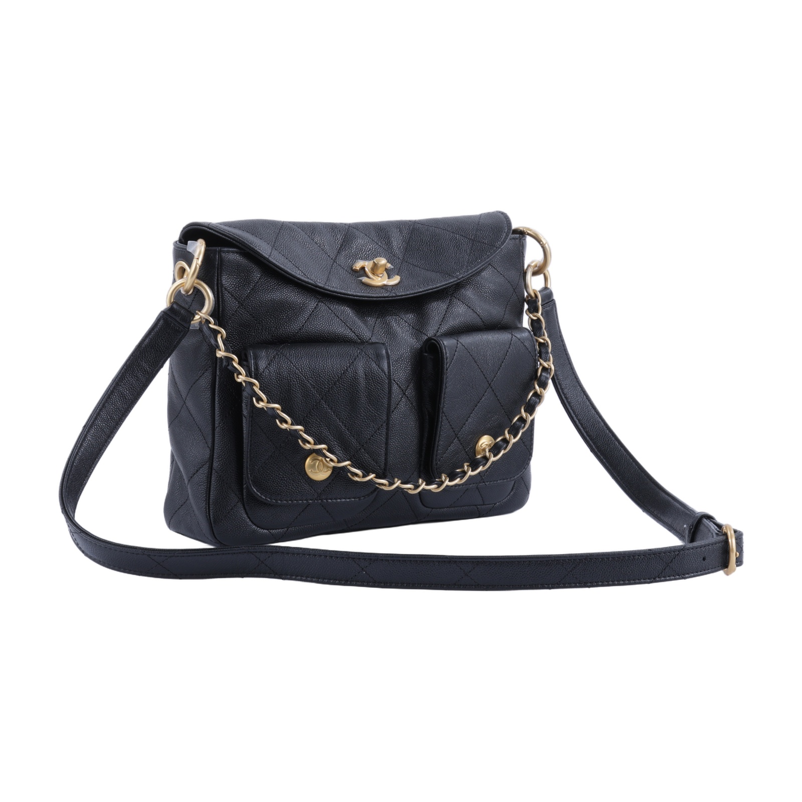 香奈兒 CHANEL Hobo 肩背包 AS5384 B19489 晶片款 黑荔枝皮HOBO雙袋斜肩包 原廠盒子/防塵袋/購買證明影本/原廠文件