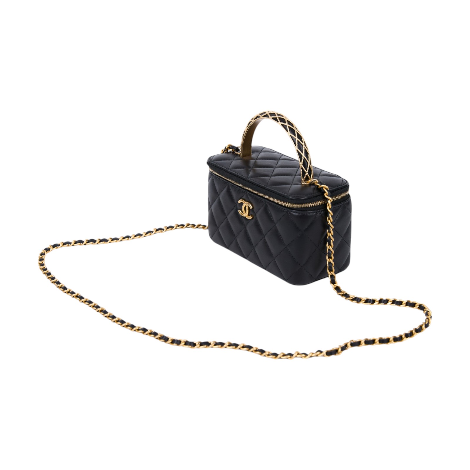 香奈兒 CHANEL Vanity 化妝箱 化妝盒 手提包 肩背包 斜背包 AP3383 B12915 晶片款 黑金羊皮穿鍊手把化妝包 原廠盒子/防塵袋/購買證明影本