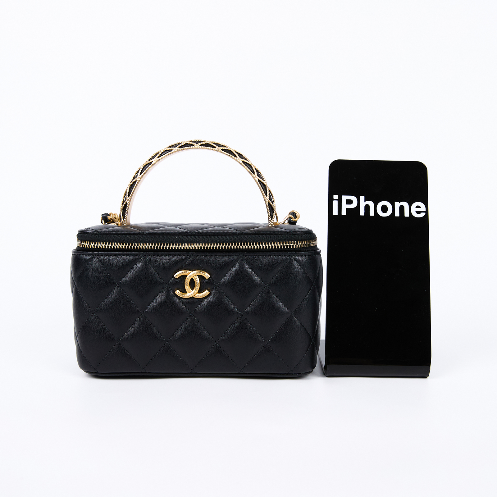 香奈兒 CHANEL Vanity 化妝箱 化妝盒 手提包 肩背包 斜背包 AP3383 B12915 晶片款 黑金羊皮穿鍊手把化妝包 原廠盒子/防塵袋/購買證明影本