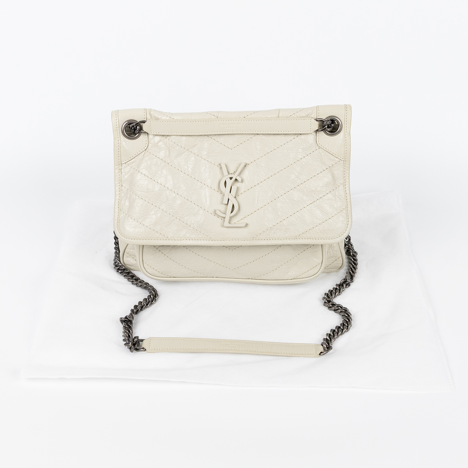 聖羅蘭 YSL SAINT LAURENT Niki 復古皮革 中型手袋 銀色五金 6331580EN04 白色NIKI 中號 無附屬品