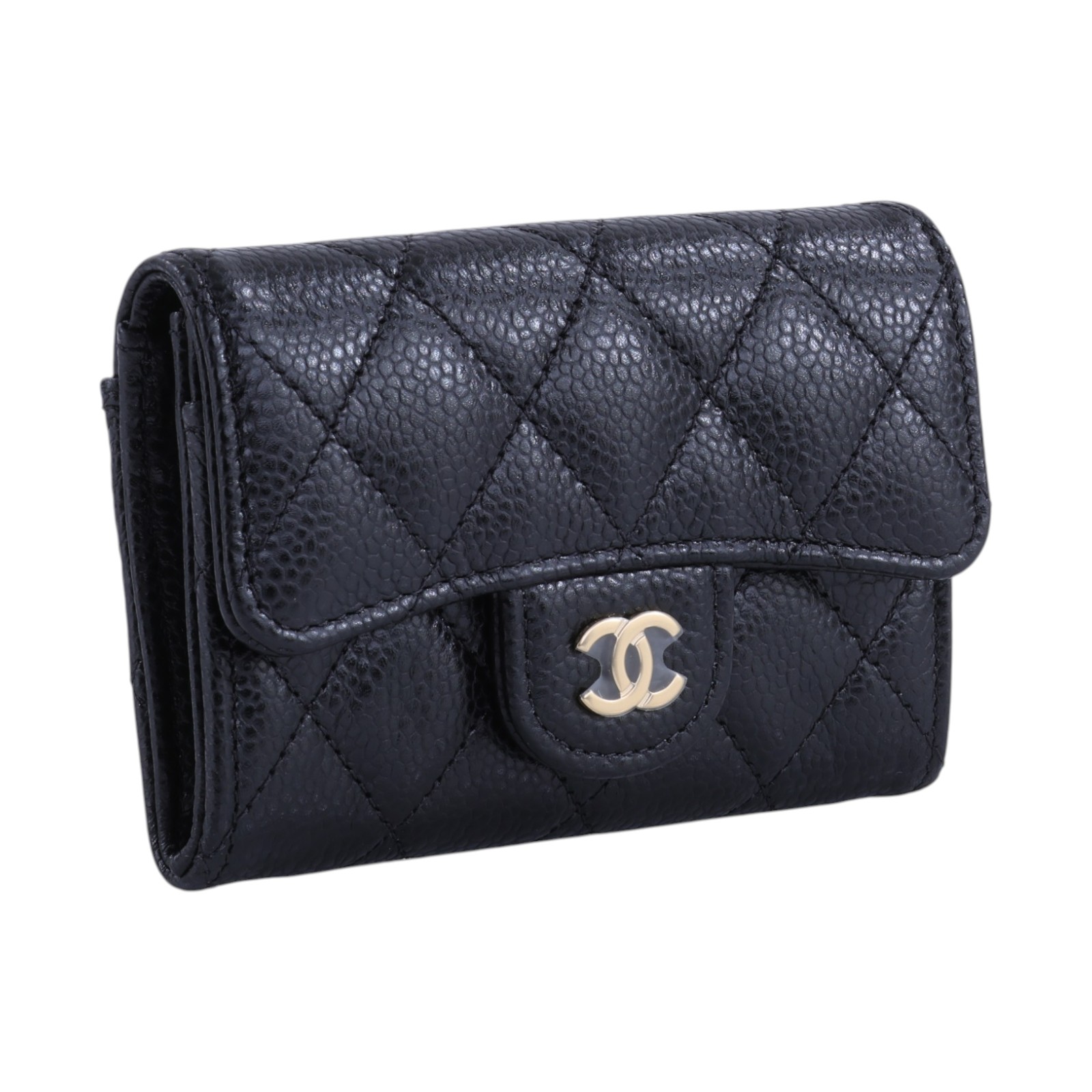 香奈兒 CHANEL CC LOGO 口蓋 卡片夾 錢包 AP0214 晶片款 黑金荔枝翻蓋卡包 原廠盒子/防塵袋