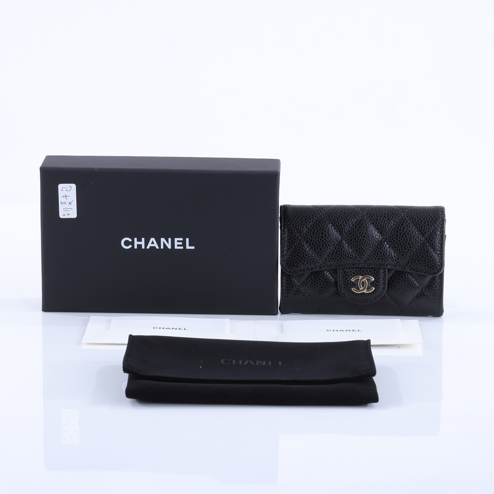 香奈兒 CHANEL CC LOGO 口蓋 卡片夾 錢包 AP0214 晶片款 黑金荔枝翻蓋卡包 原廠盒子/防塵袋