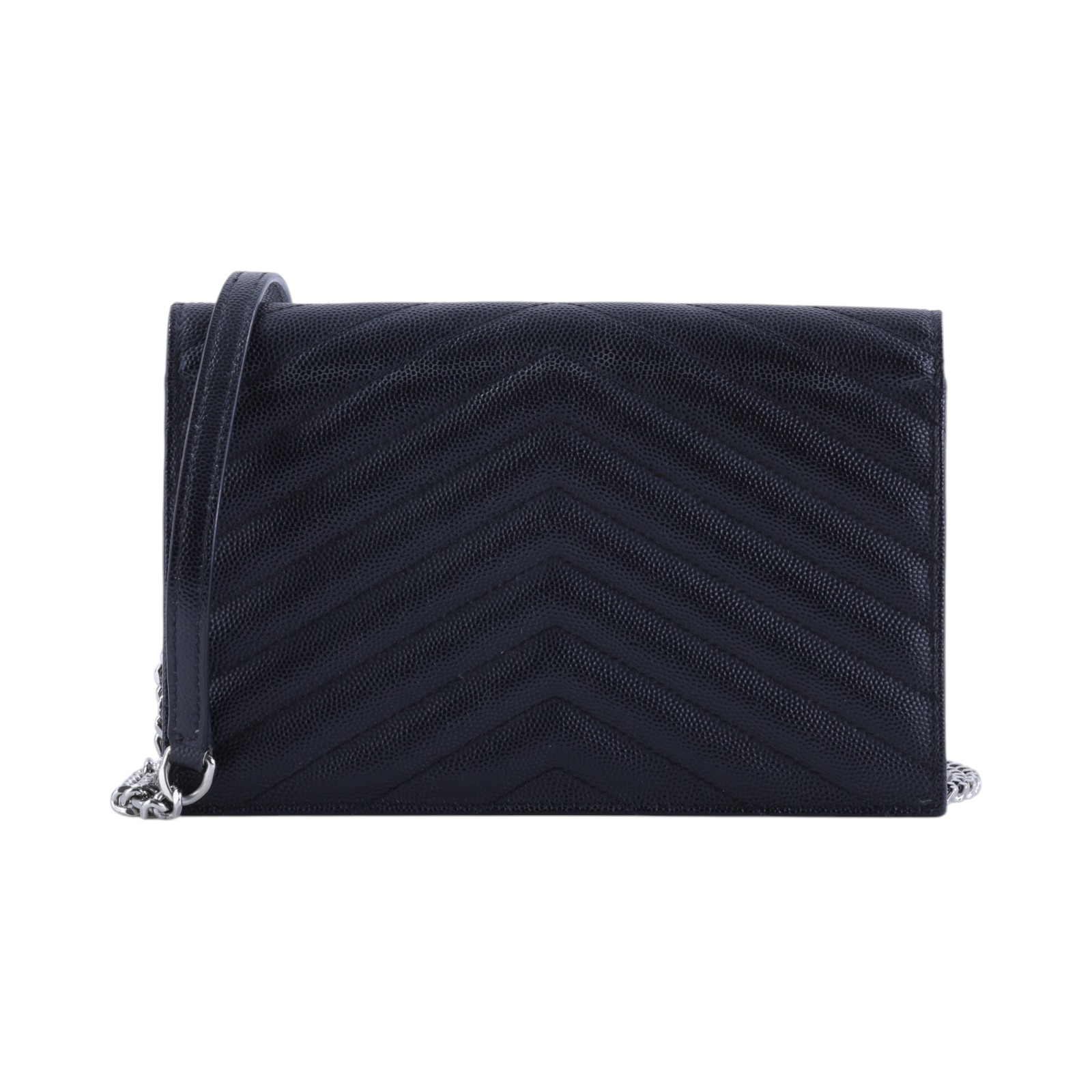 聖羅蘭 YSL SAINT LAURENT 山形紋 鏈袋 信封包 銀扣 393953BOW02 黑銀魚子醬WOC 原廠盒子/防塵袋
