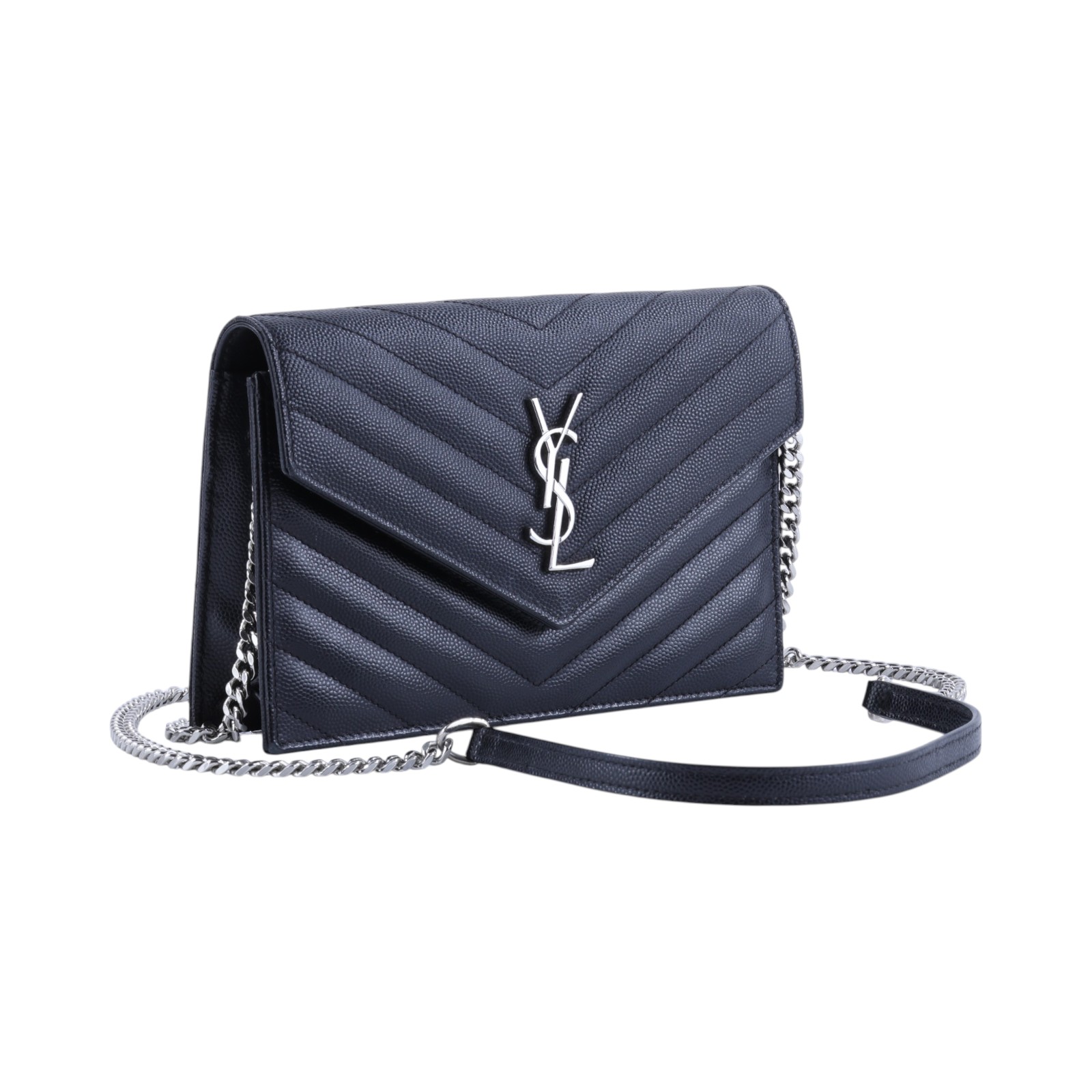 聖羅蘭 YSL SAINT LAURENT 山形紋 鏈袋 信封包 銀扣 393953BOW02 黑銀魚子醬WOC 原廠盒子/防塵袋