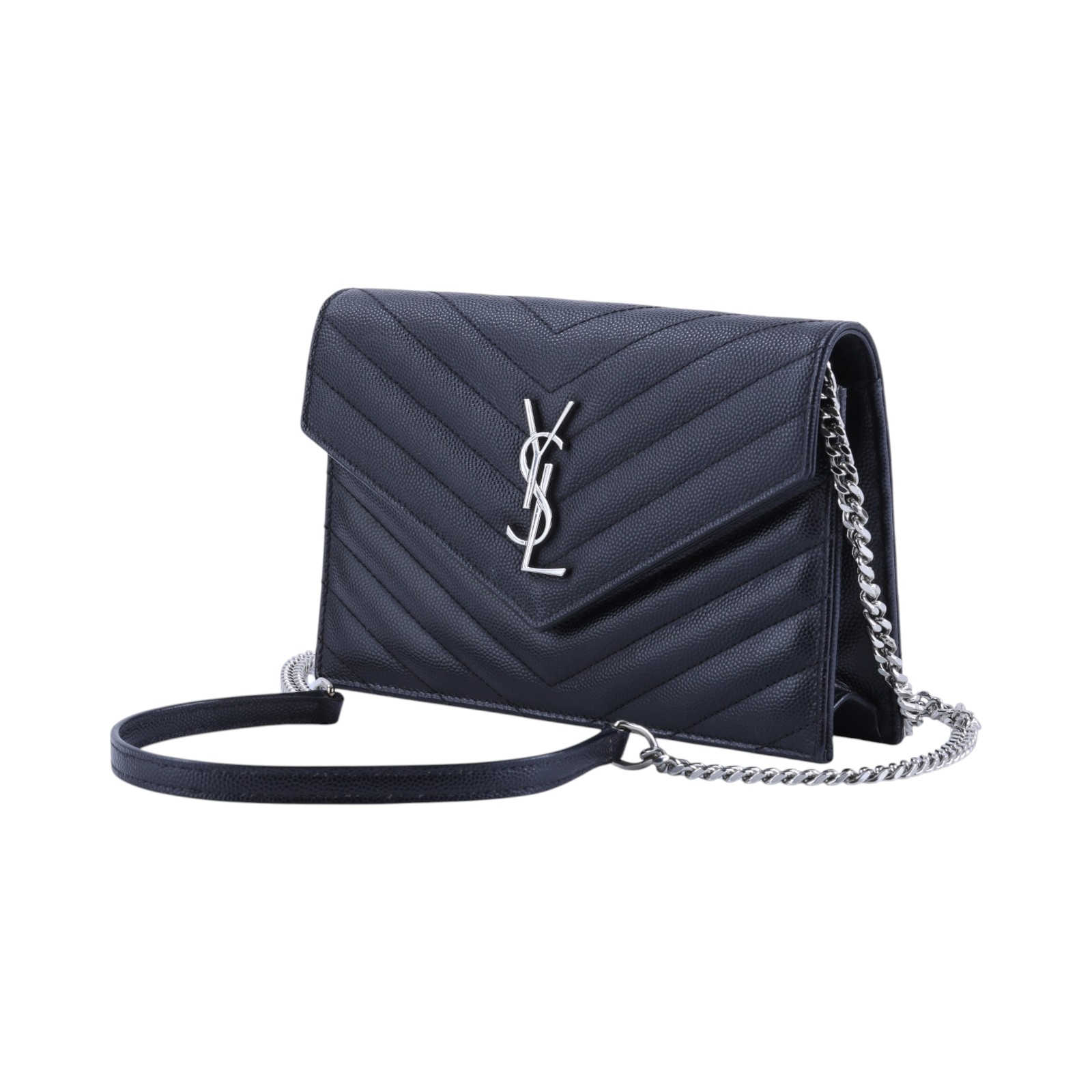 聖羅蘭 YSL SAINT LAURENT 山形紋 鏈袋 信封包 銀扣 393953BOW02 黑銀魚子醬WOC 原廠盒子/防塵袋