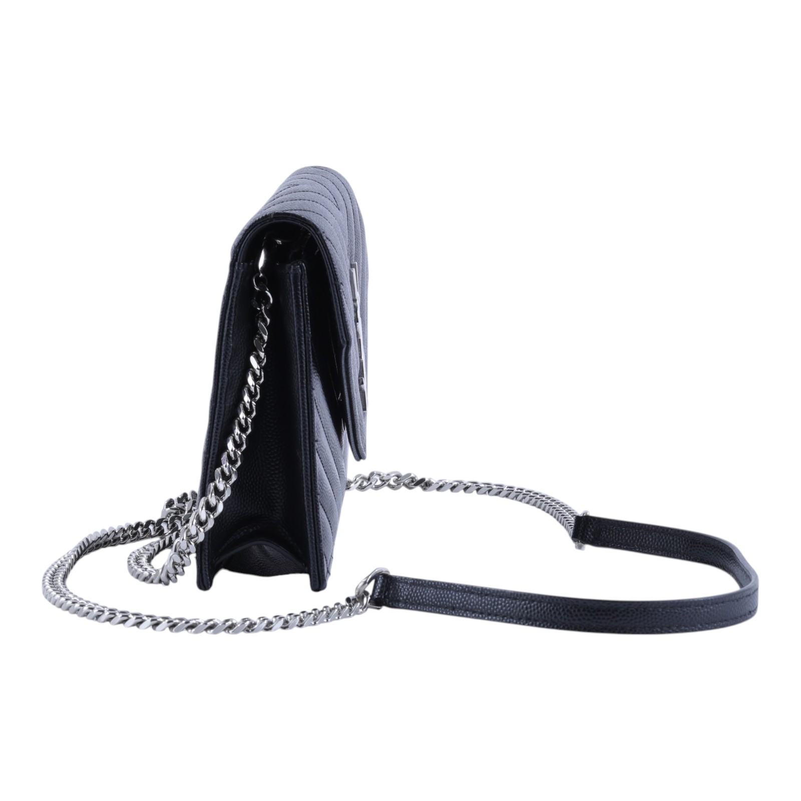 聖羅蘭 YSL SAINT LAURENT 山形紋 鏈袋 信封包 銀扣 393953BOW02 黑銀魚子醬WOC 原廠盒子/防塵袋