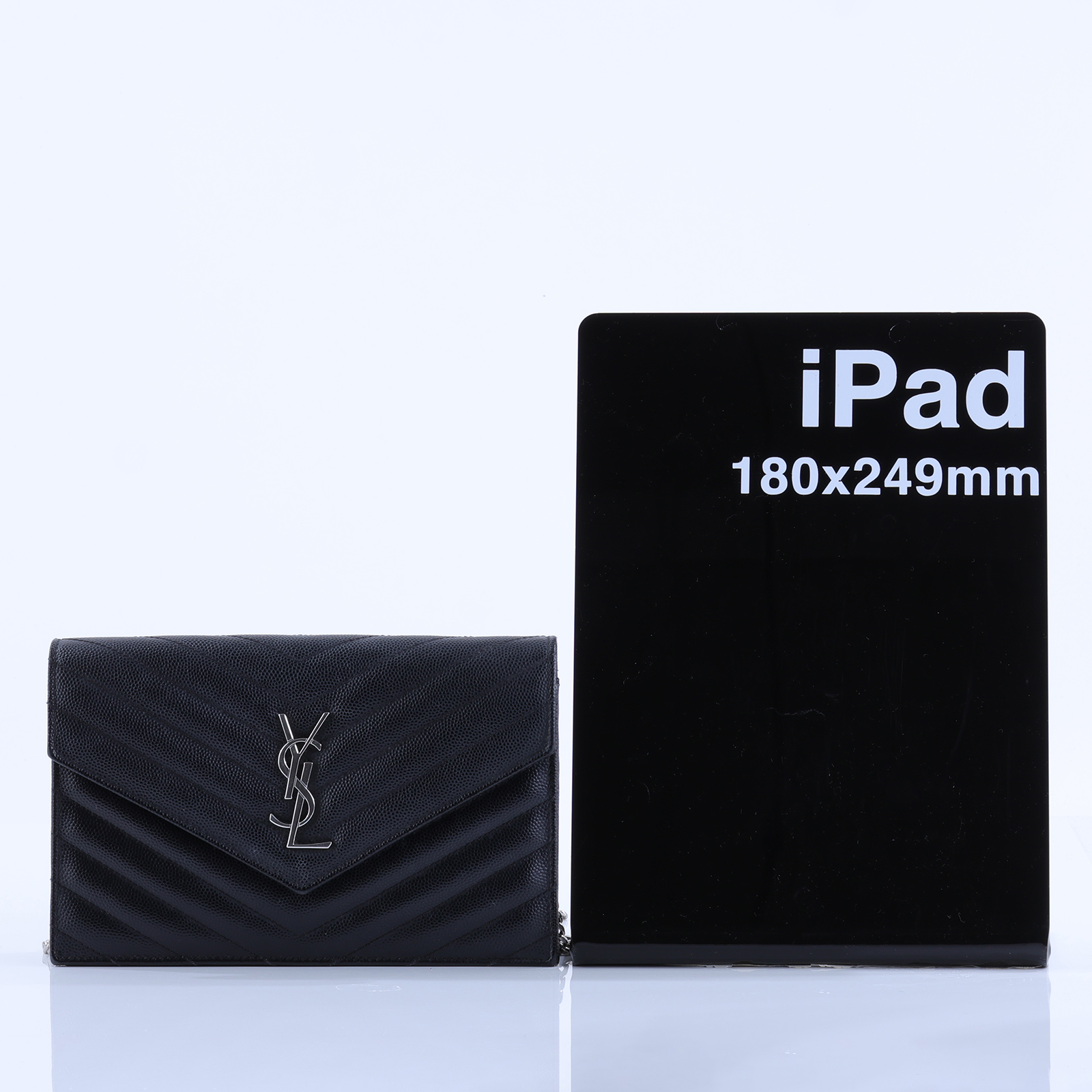 聖羅蘭 YSL SAINT LAURENT 山形紋 鏈袋 信封包 銀扣 393953BOW02 黑銀魚子醬WOC 原廠盒子/防塵袋