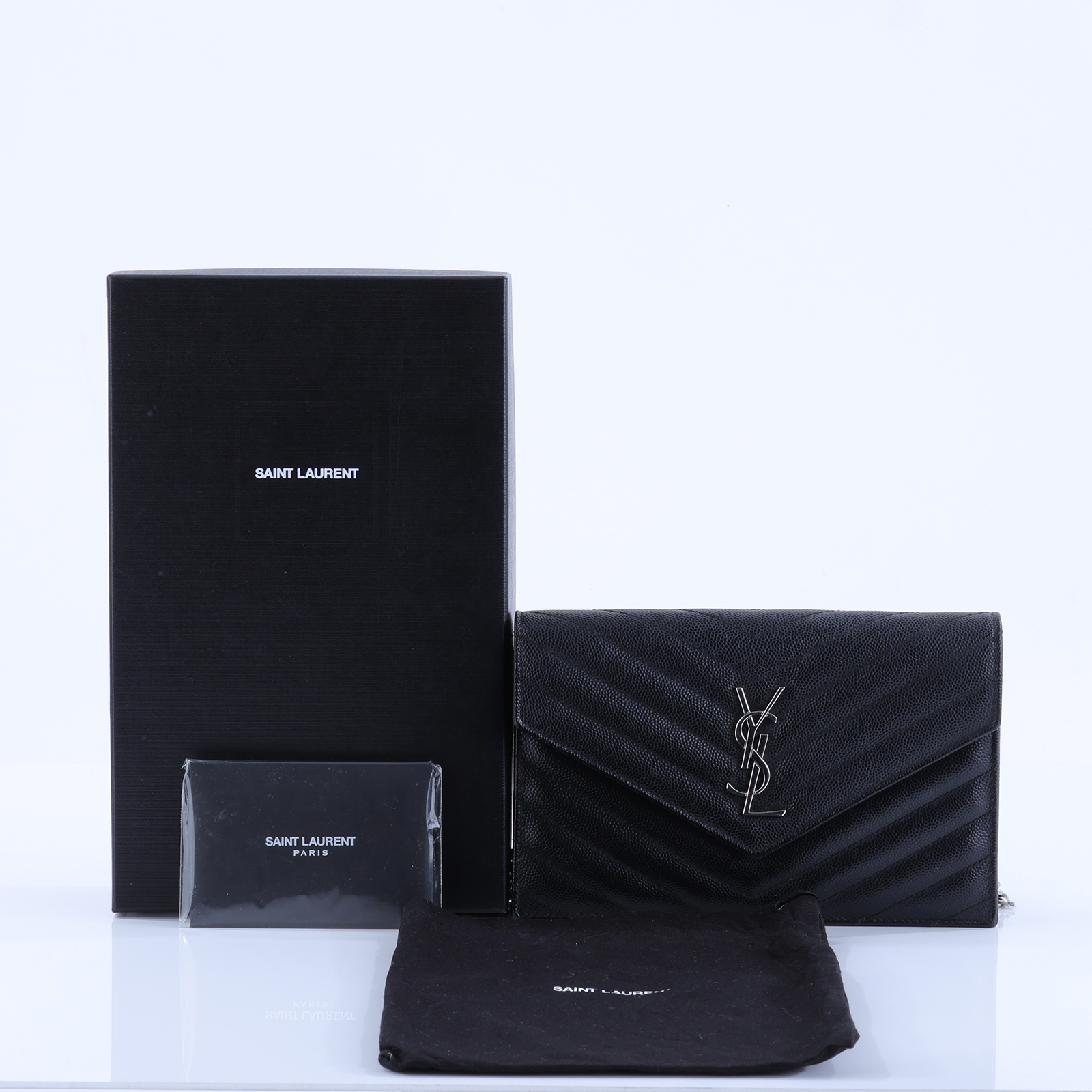 聖羅蘭 YSL SAINT LAURENT 山形紋 鏈袋 信封包 銀扣 393953BOW02 黑銀魚子醬WOC 原廠盒子/防塵袋