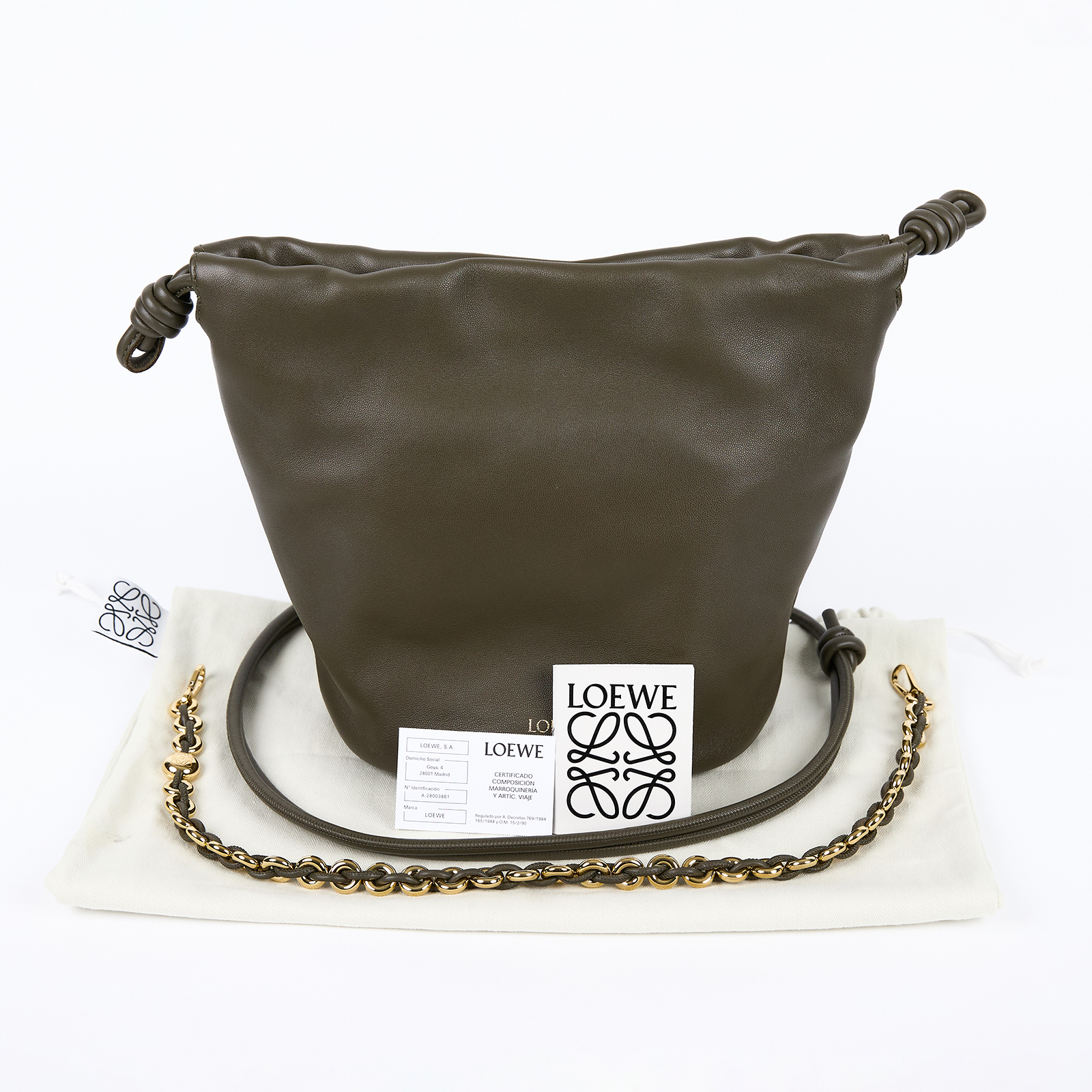 羅意威 LOEWE Flamenco Purse 水桶包 斜背包 中型 A411FPBX02 綠色Flamenco鏈帶抽繩水桶包 防塵袋/背帶2