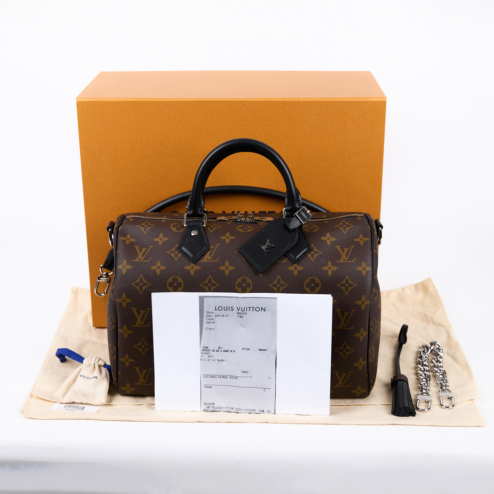 路易威登 LOUIS VUITTON Speedy Soft 30 Dark M12243 晶片款  原廠盒子/防塵袋/背帶/購買證明影本/鎖組/吊牌/吊飾/歌德風鏈帶