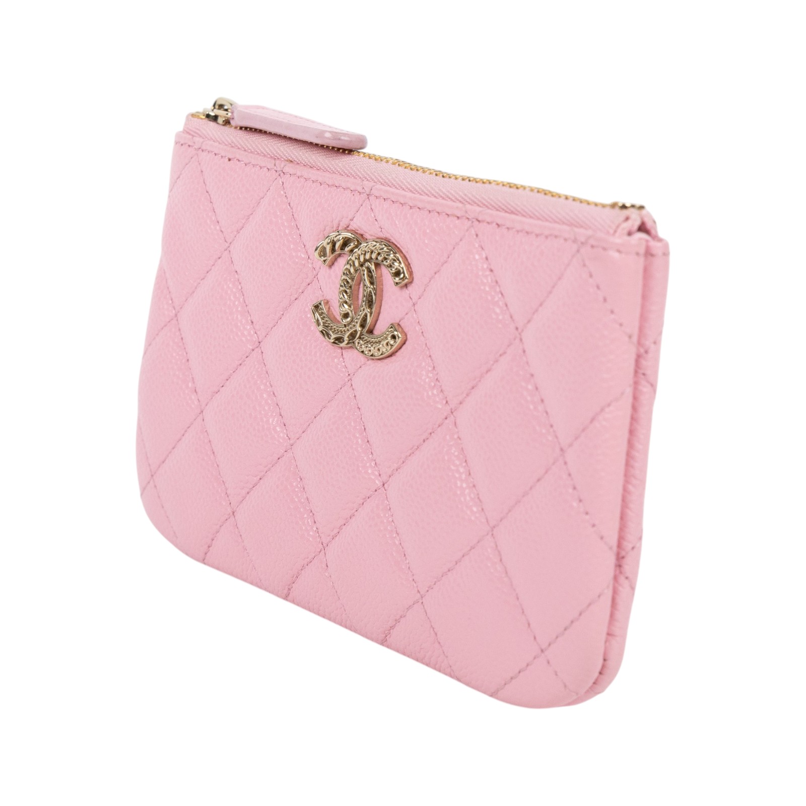 香奈兒 CHANEL CC LOGO 零錢包 卡包 錢包 手拿包 AP3053 晶片款 櫻花粉荔枝拉鍊POUCH 原廠盒子/防塵袋