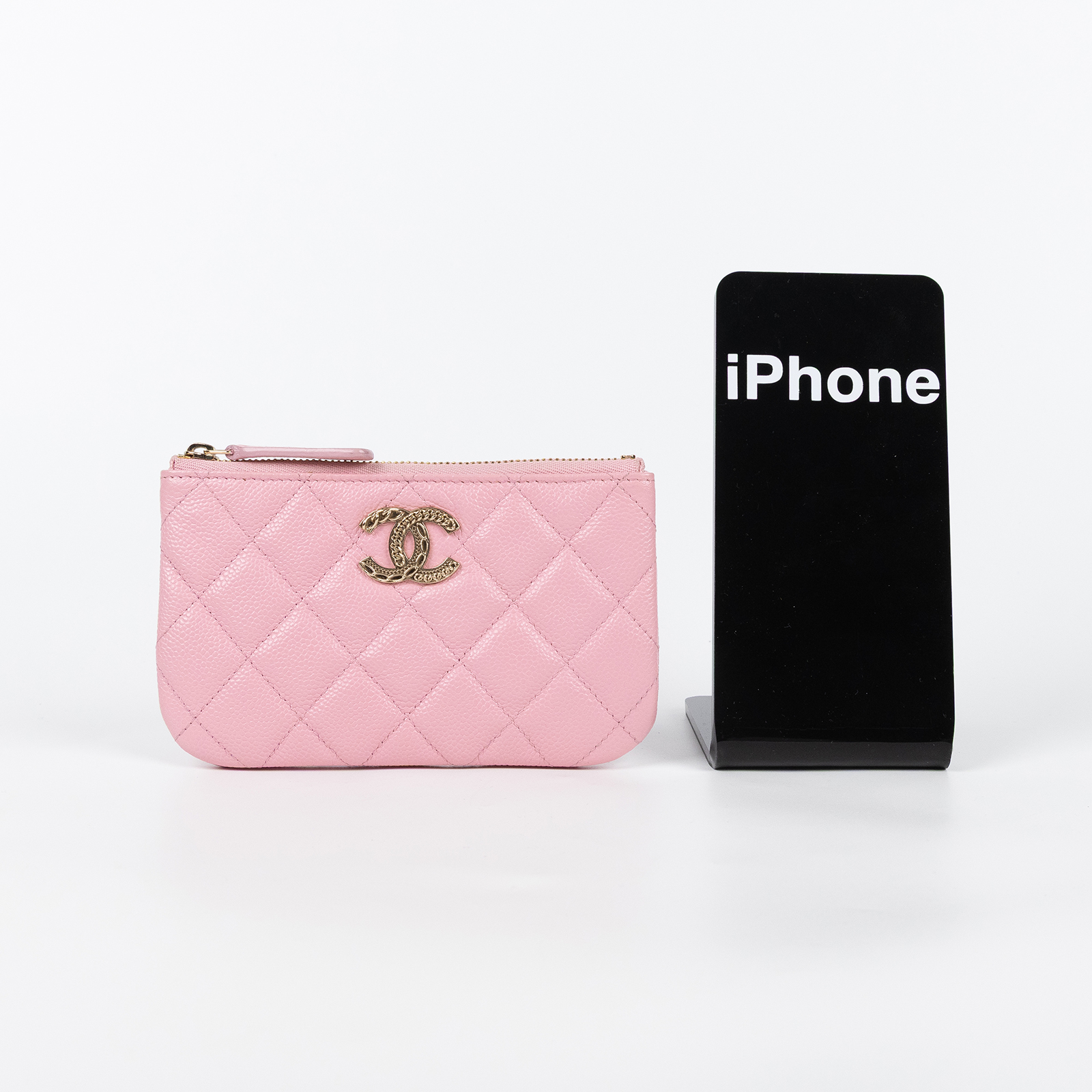 香奈兒 CHANEL CC LOGO 零錢包 卡包 錢包 手拿包 AP3053 晶片款 櫻花粉荔枝拉鍊POUCH 原廠盒子/防塵袋