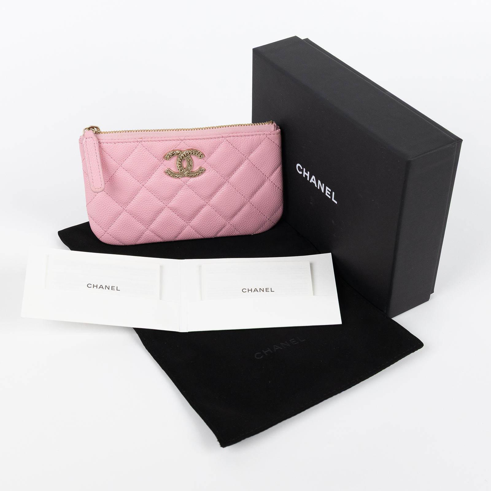 香奈兒 CHANEL CC LOGO 零錢包 卡包 錢包 手拿包 AP3053 晶片款 櫻花粉荔枝拉鍊POUCH 原廠盒子/防塵袋