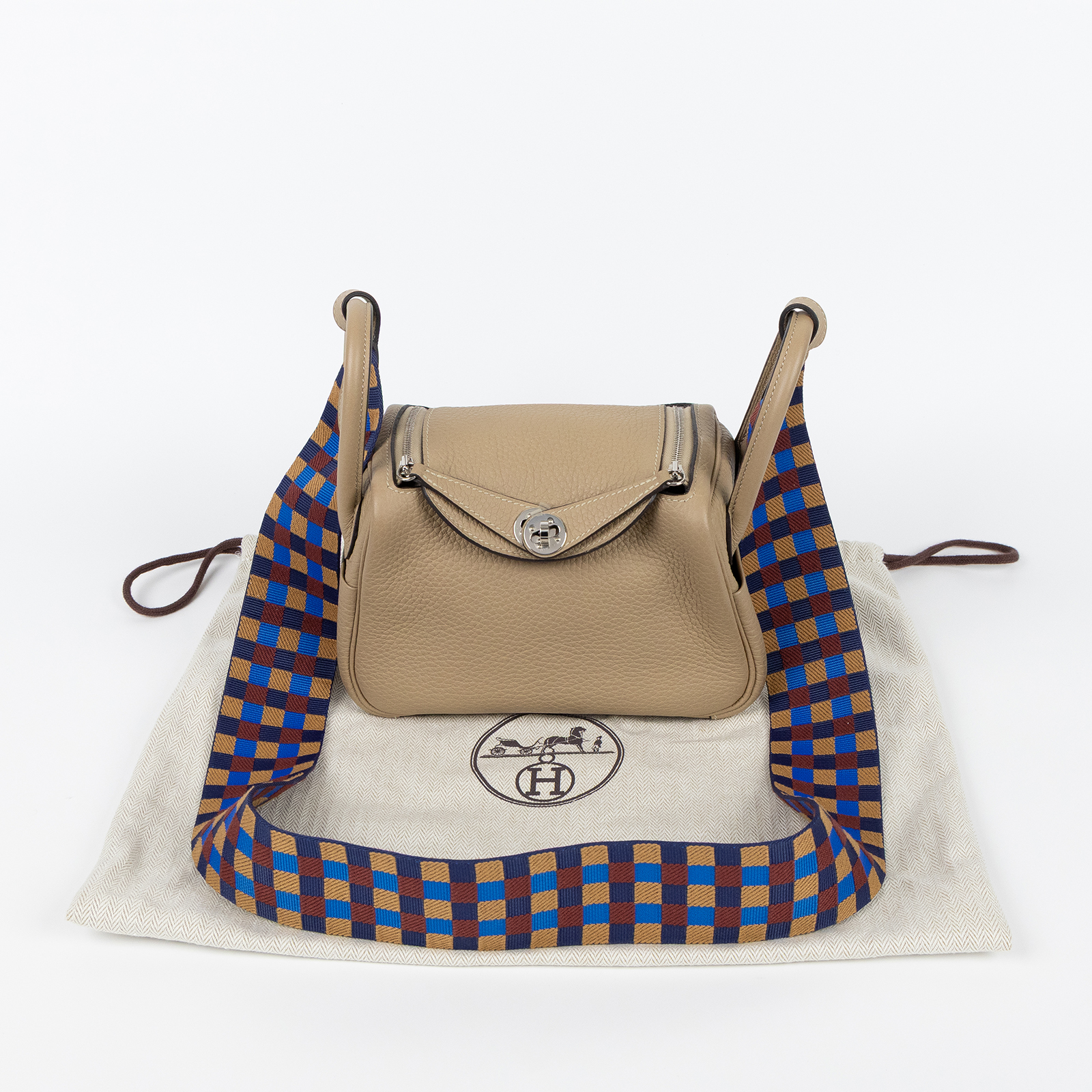 愛馬仕 Hermes Lindy 琳迪包 迷你 LDM U MM 461 DH U刻 大象灰銀釦MINI LINDY 拚帆布格紋背帶 防塵袋