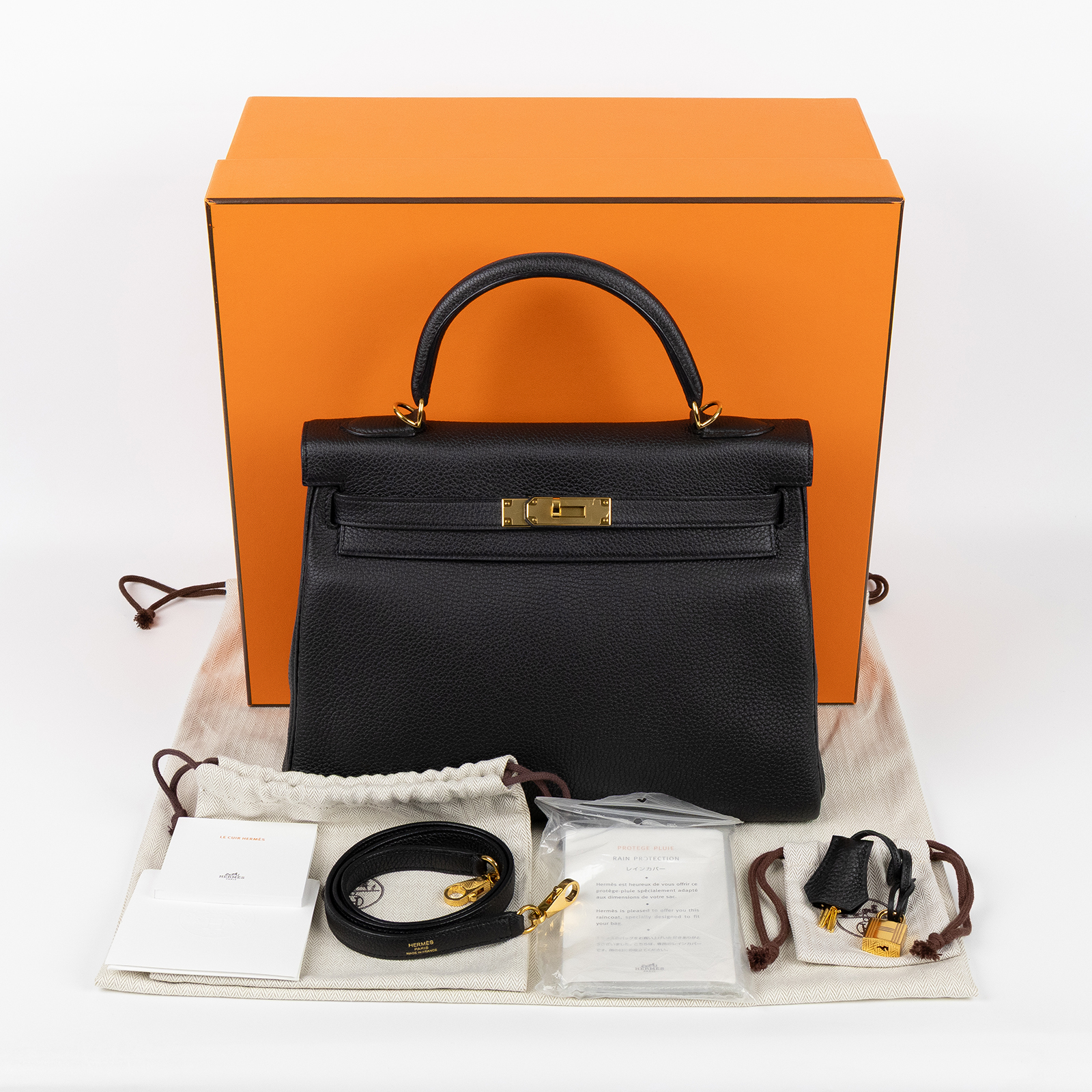 愛馬仕 Hermes Kelly Bag 凱莉包 32 KL32 A CT 568 IG A刻 黑金KELLY32 內縫 原廠盒子/防塵袋/背帶/鎖組/雨衣
