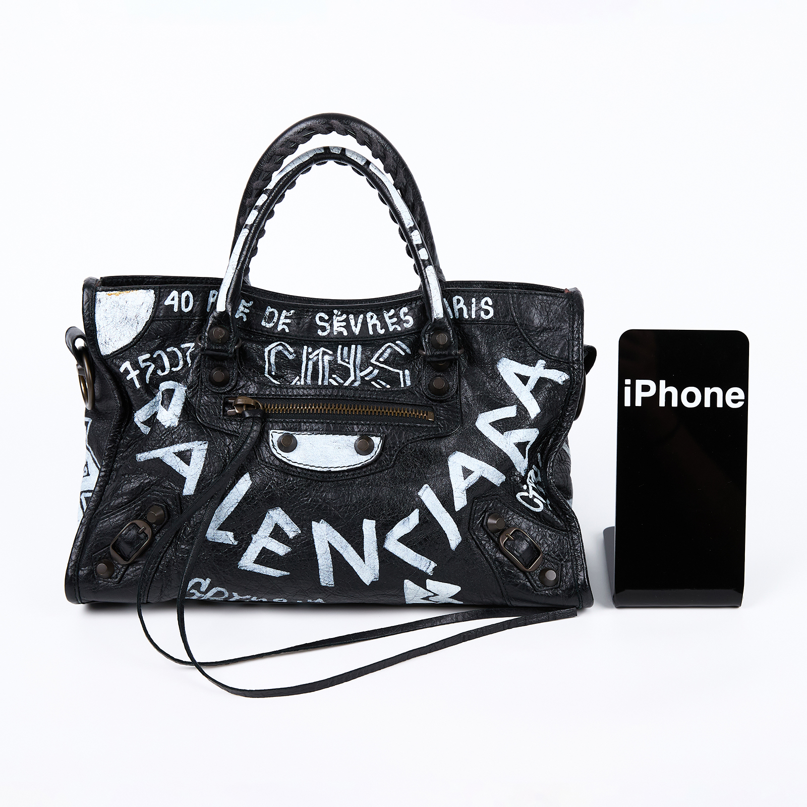 巴黎世家 BALENCIAGA CLassic City S 機車包 431621 黑白塗鴉CITY機車包 MINI 背帶/鏡子
