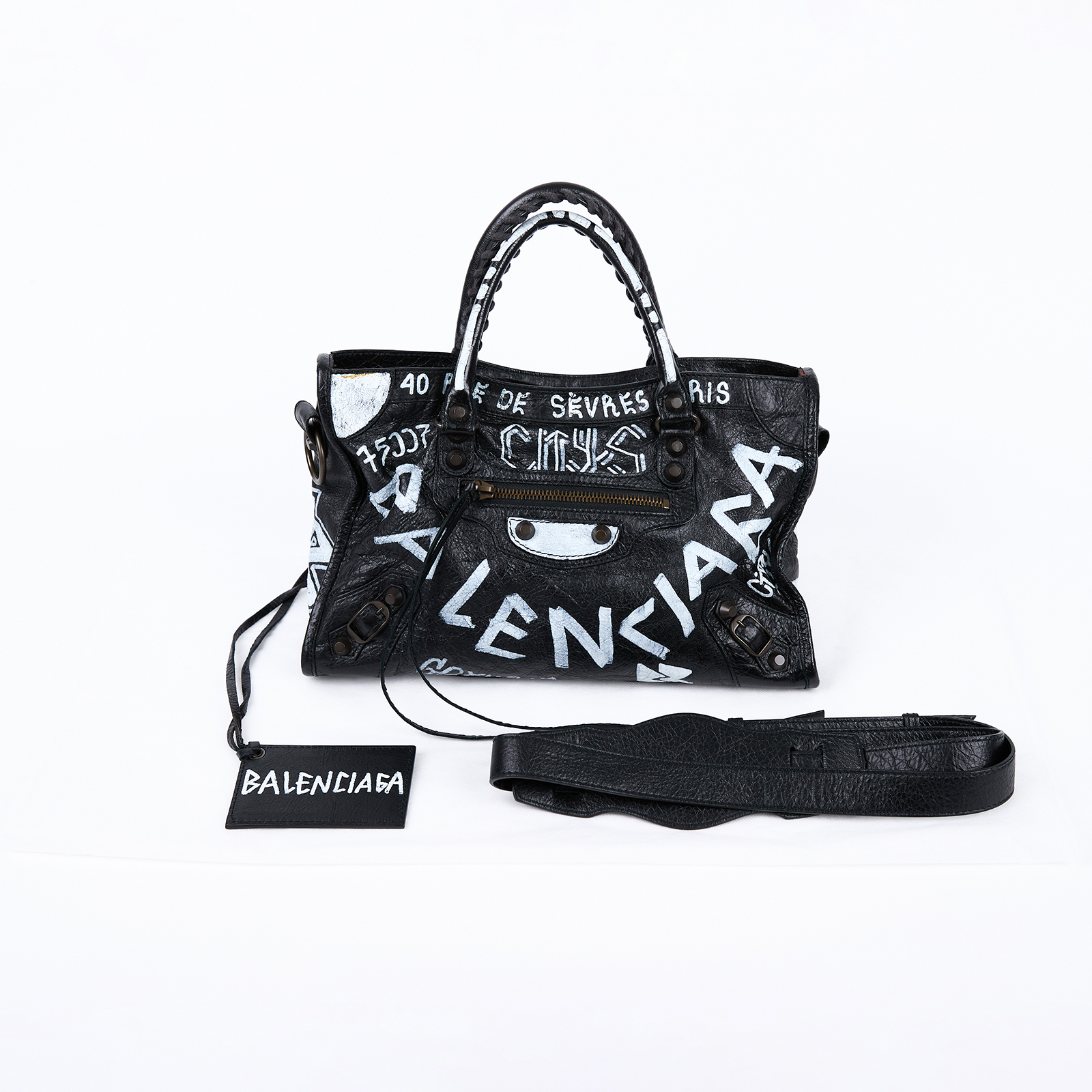 巴黎世家 BALENCIAGA CLassic City S 機車包 431621 黑白塗鴉CITY機車包 MINI 背帶/鏡子
