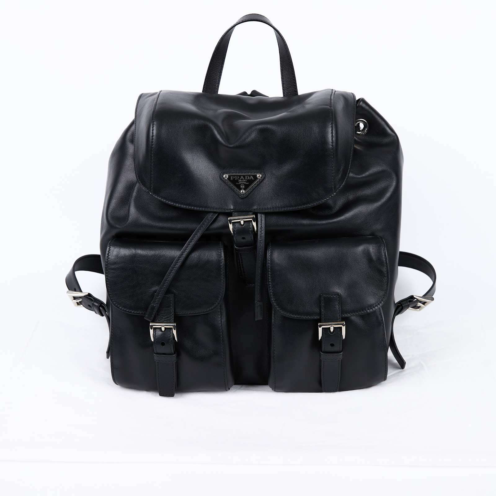 普拉達 PRADA 中型 背囊 後背包 1BZ811_2HE5 黑牛皮束口後背包 無附屬品