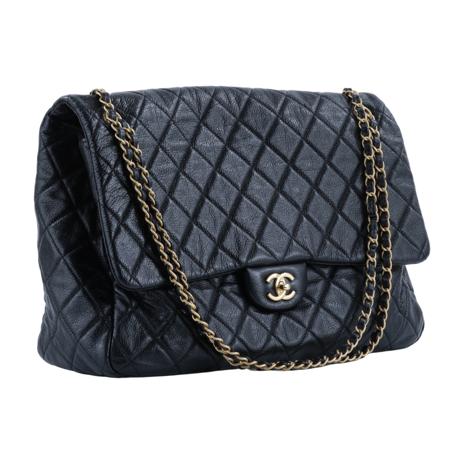 香奈兒 CHANEL 超大型 口蓋包  晶片款 黑金粒紋機場包 XXL 無附屬品