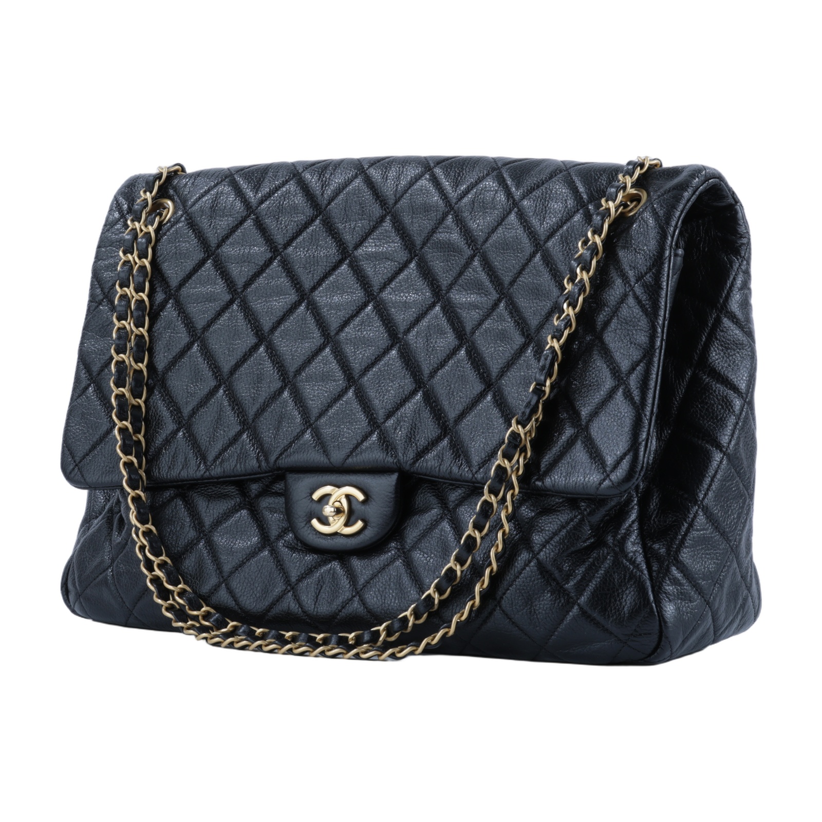 香奈兒 CHANEL 超大型 口蓋包  晶片款 黑金粒紋機場包 XXL 無附屬品