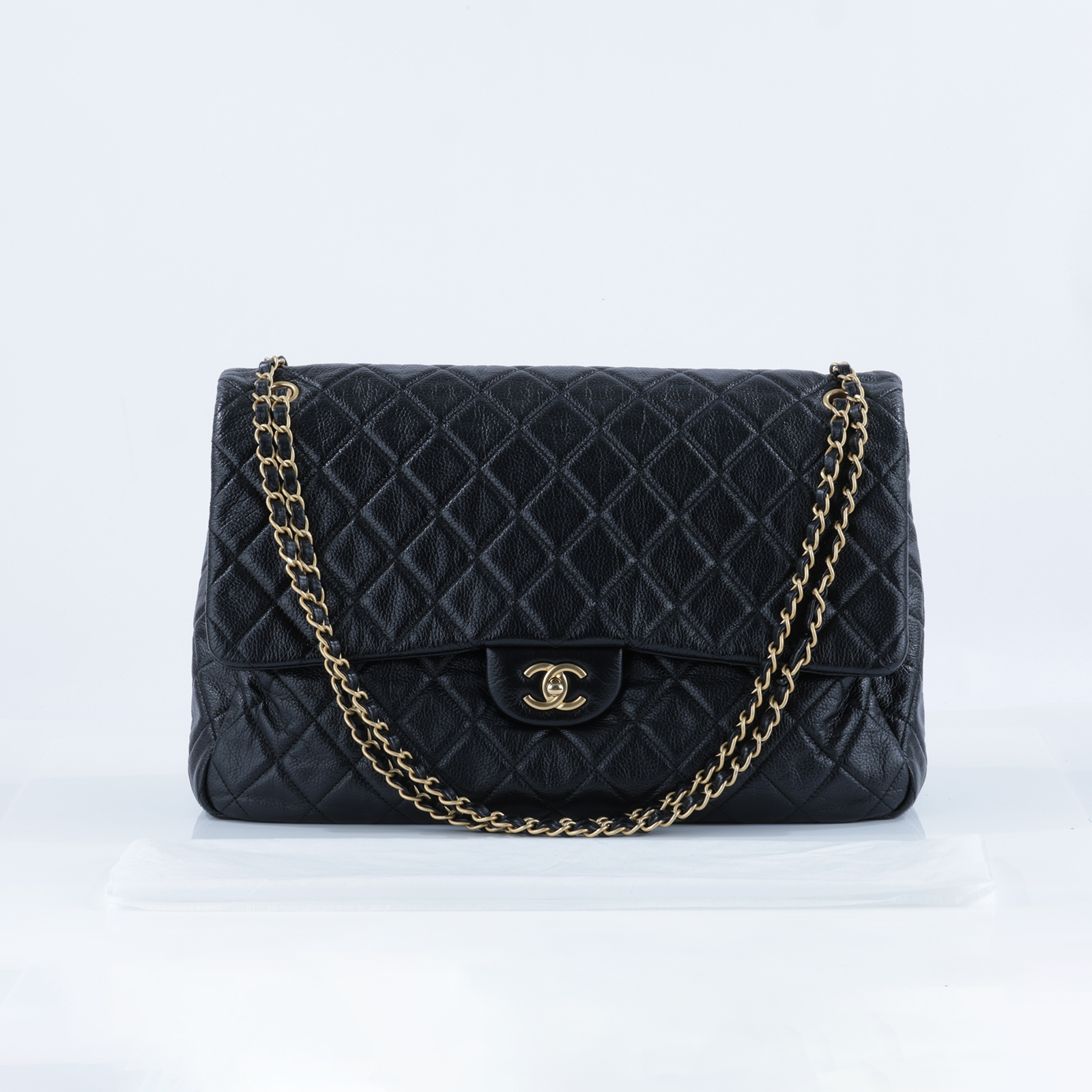 香奈兒 CHANEL 超大型 口蓋包  晶片款 黑金粒紋機場包 XXL 無附屬品