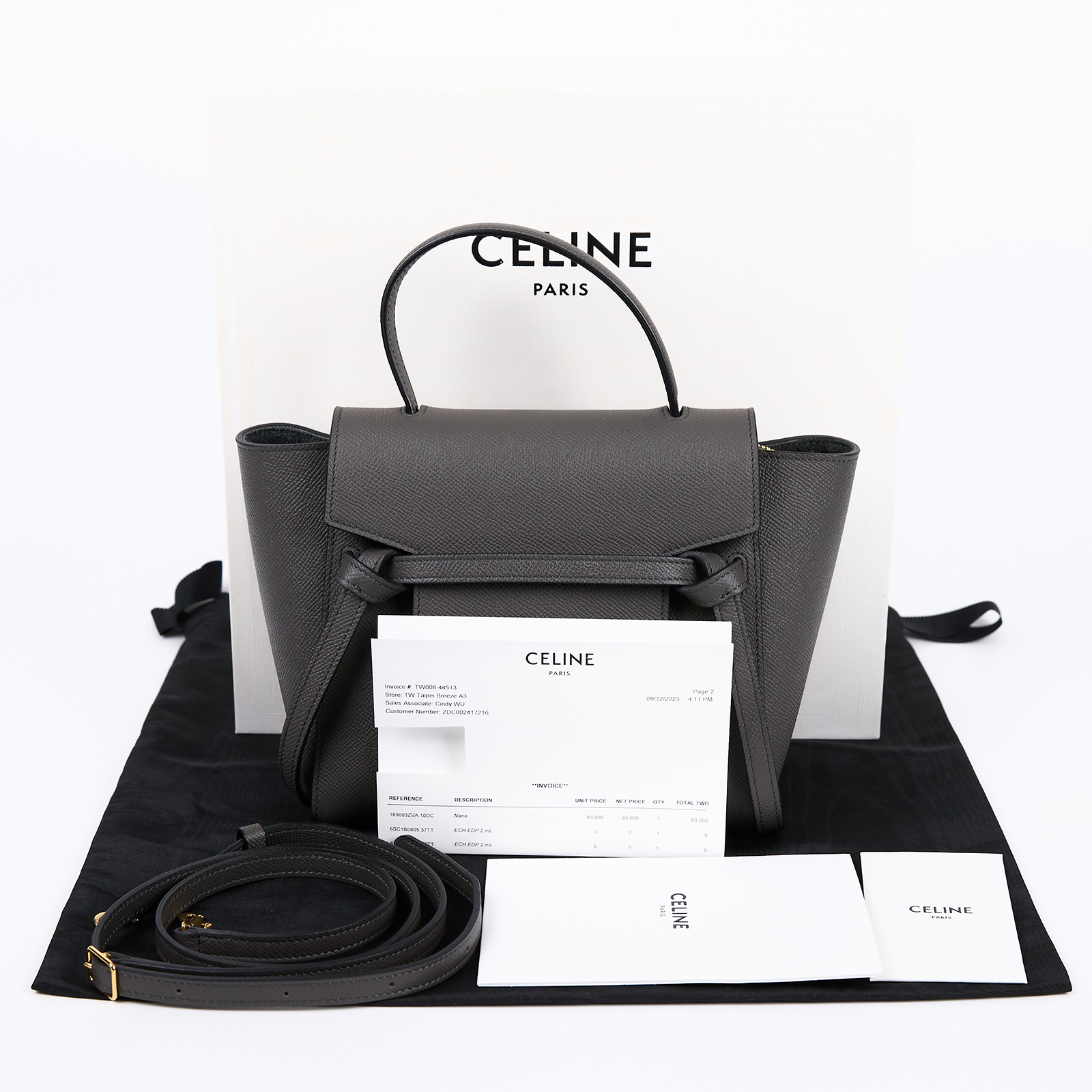思琳 CELINE 珠地小牛皮 袖珍型 Belt 手袋 189003ZVA 灰鯰魚包BELT NANO 背帶/原廠盒子/防塵袋/購買證明
