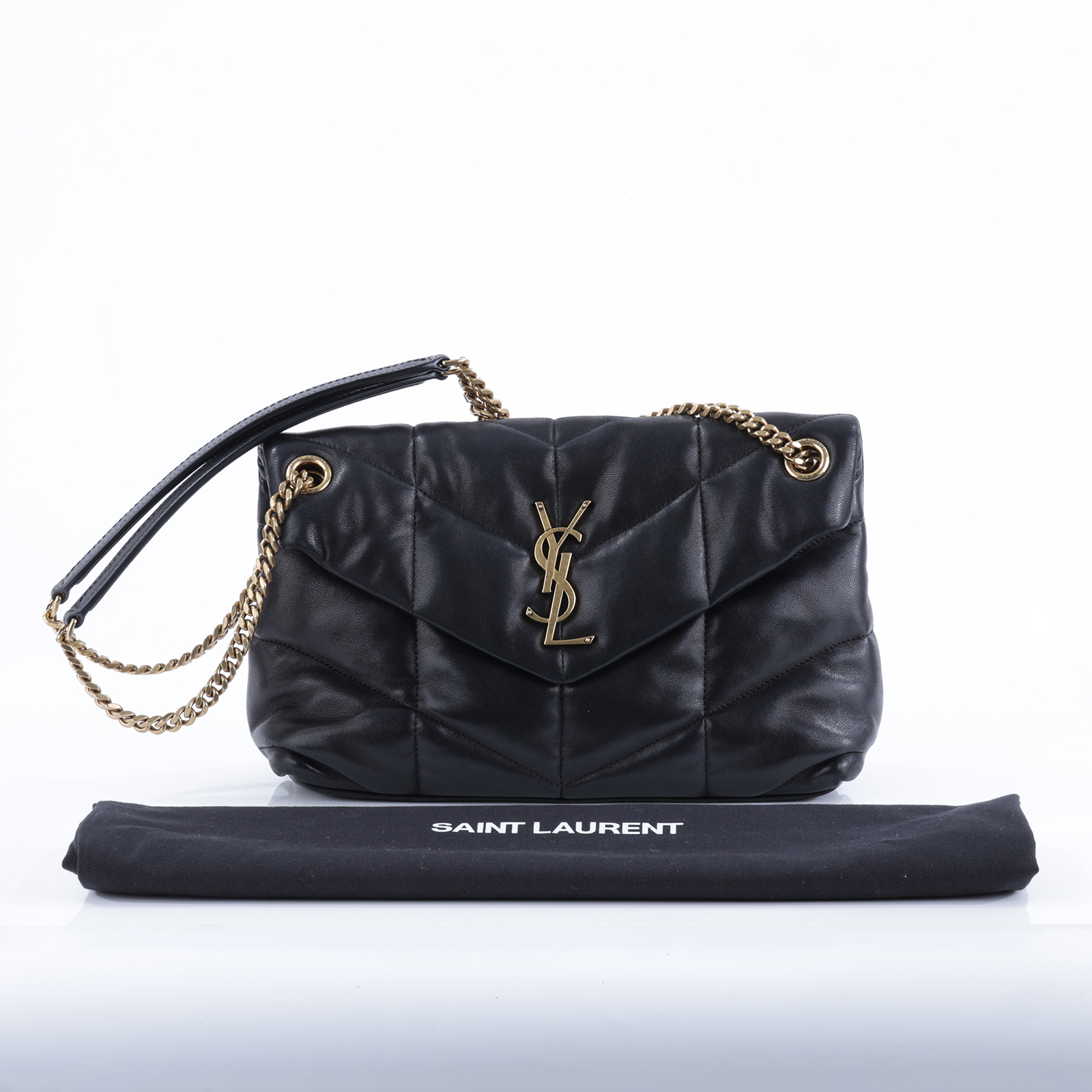 聖羅蘭 YSL SAINT LAURENT Puffer 絎縫納帕皮包 小型 金色五金 5774761EL07 黑金PUFFER小號鍊包 防塵袋