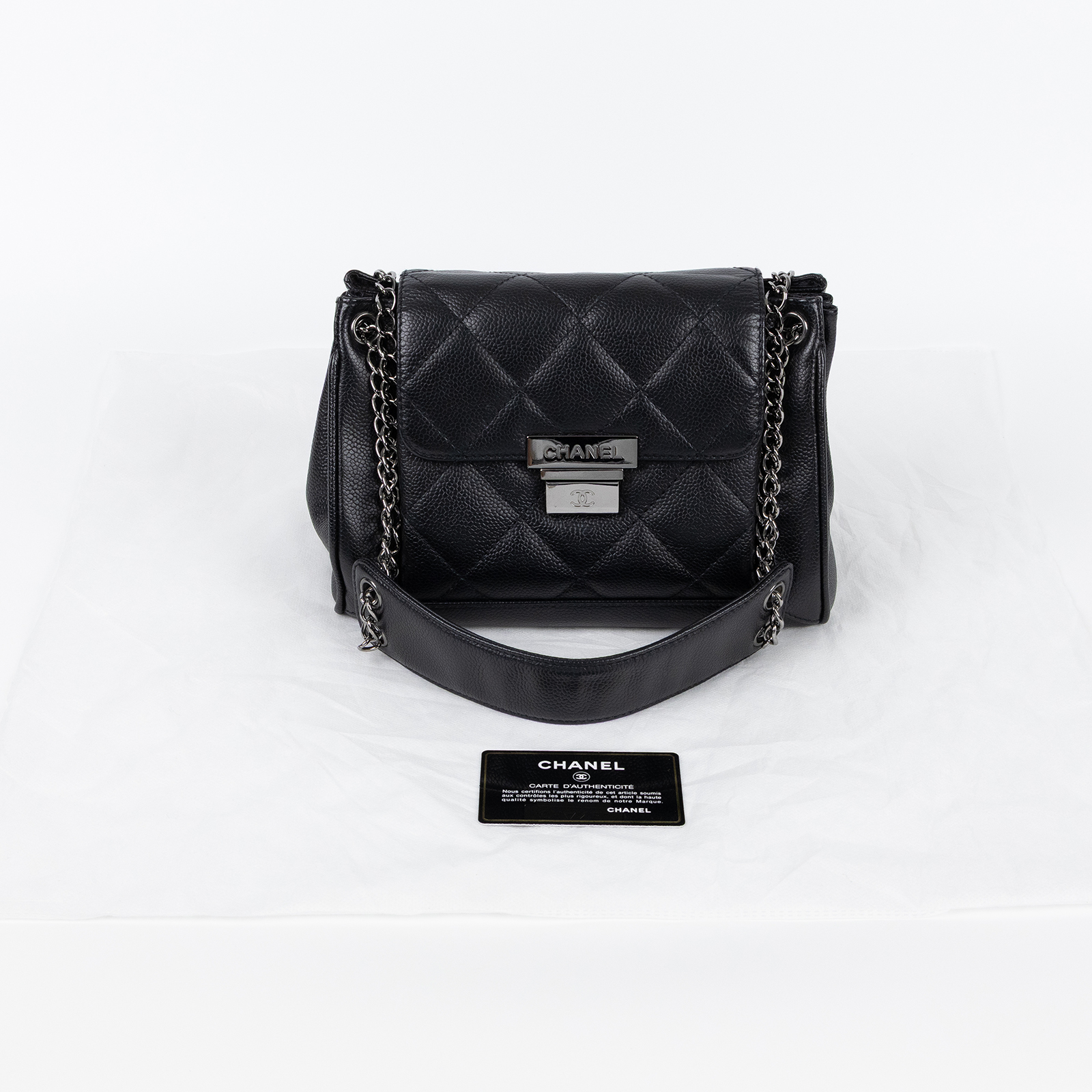 香奈兒 CHANEL Accordion Flap 肩背包 手提包 風琴包  8開 黑銀荔枝單肩背小方包 保證卡
