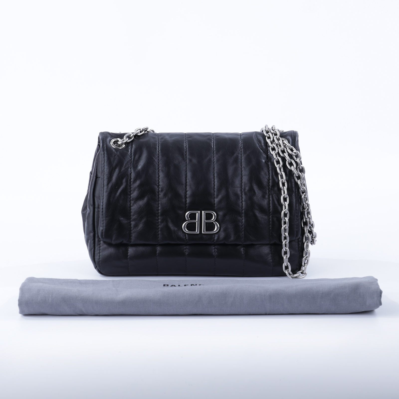 巴黎世家 BALENCIAGA Monaco Mini 摺疊 鍊帶包 7816722AASE 黑銀MONACO翻蓋鍊包 防塵袋
