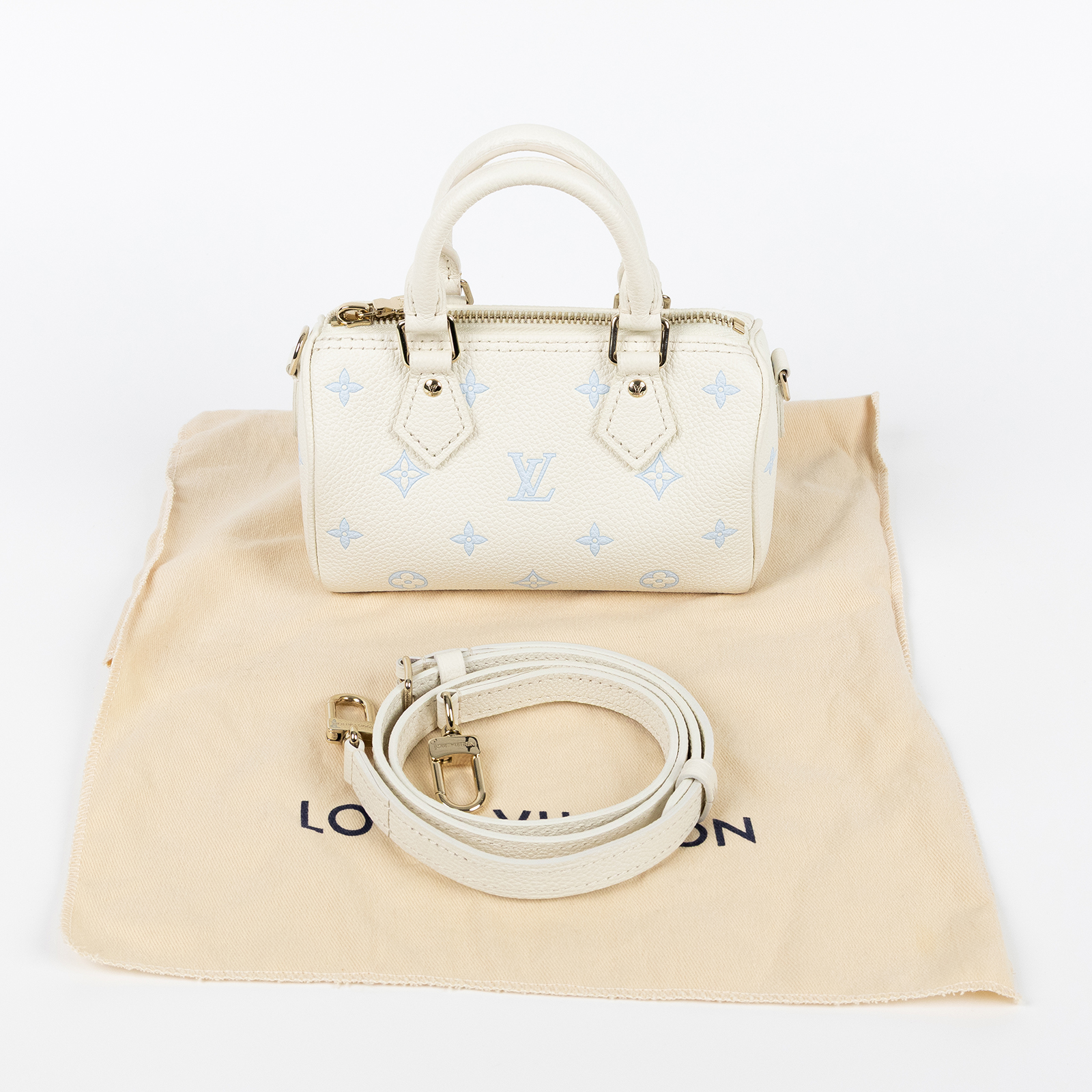 路易威登 LOUIS VUITTON Nano Speedy 波士頓包 斜背包 M27702 晶片款 白底藍字SPEEDY NANO 防塵袋/背帶