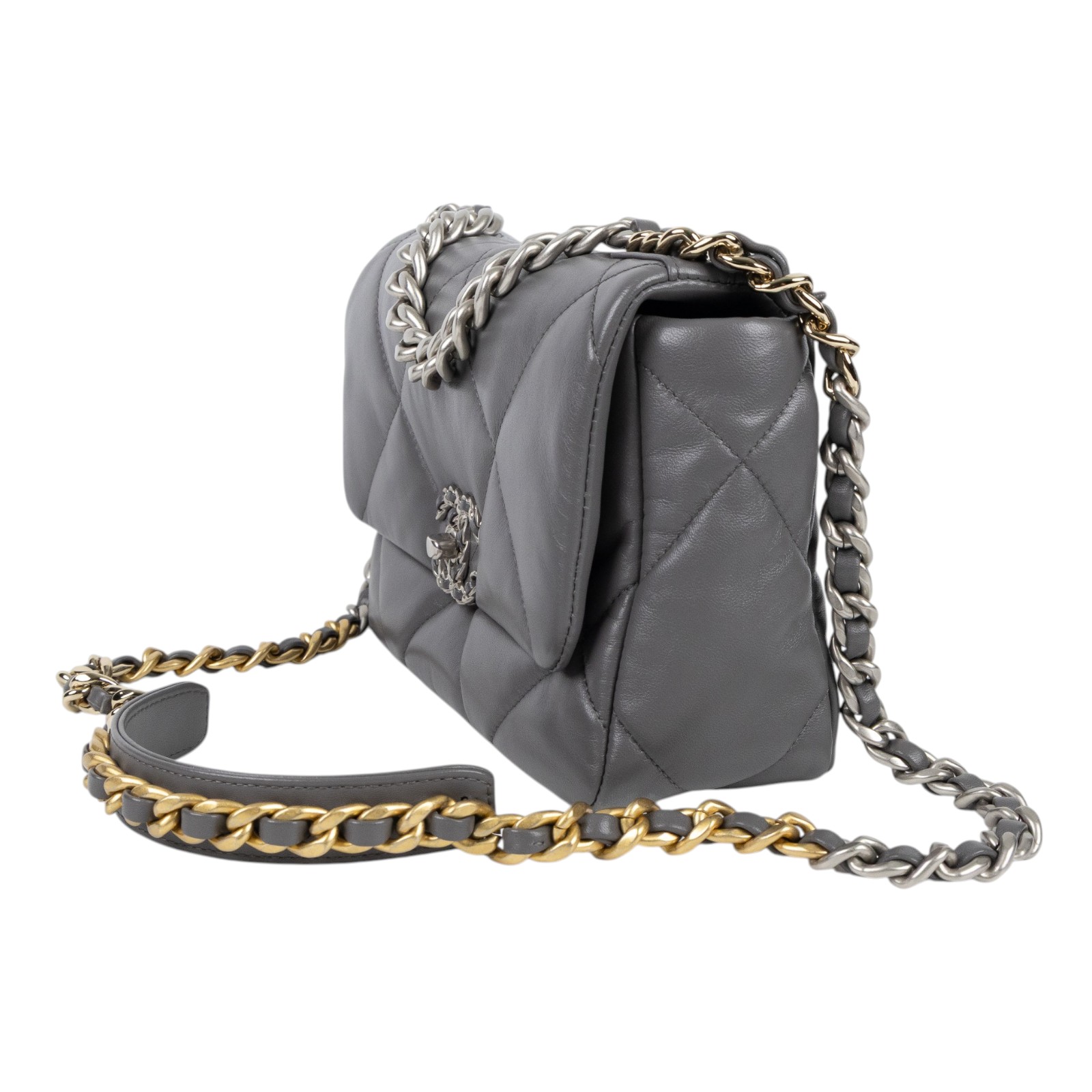 香奈兒 CHANEL 19 口蓋包 菱格紋 金銀鍊帶 手提 肩背包 AS1160 B07327 灰銀19 26CM 原廠盒子/防塵袋/購買證明
