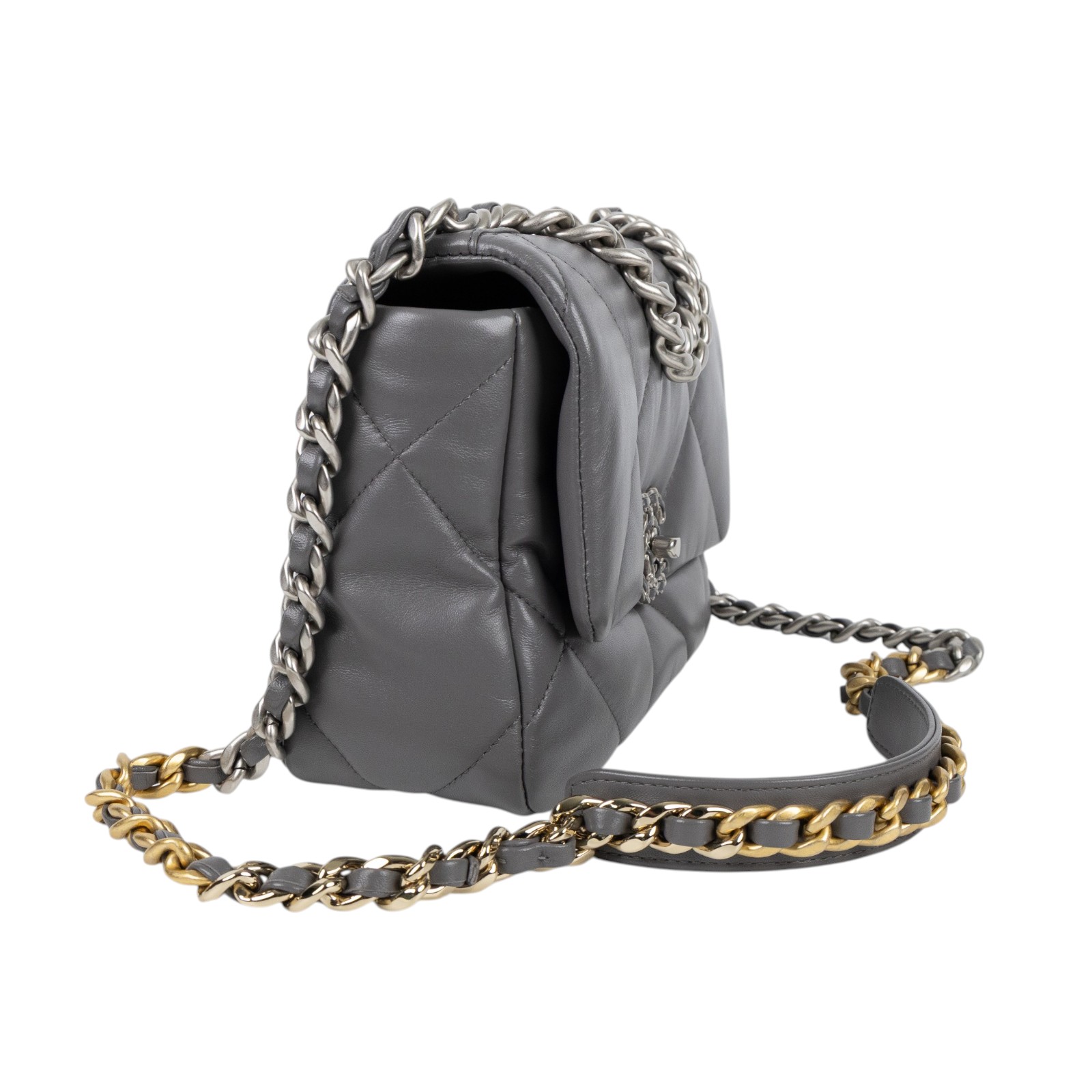 香奈兒 CHANEL 19 口蓋包 菱格紋 金銀鍊帶 手提 肩背包 AS1160 B07327 灰銀19 26CM 原廠盒子/防塵袋/購買證明