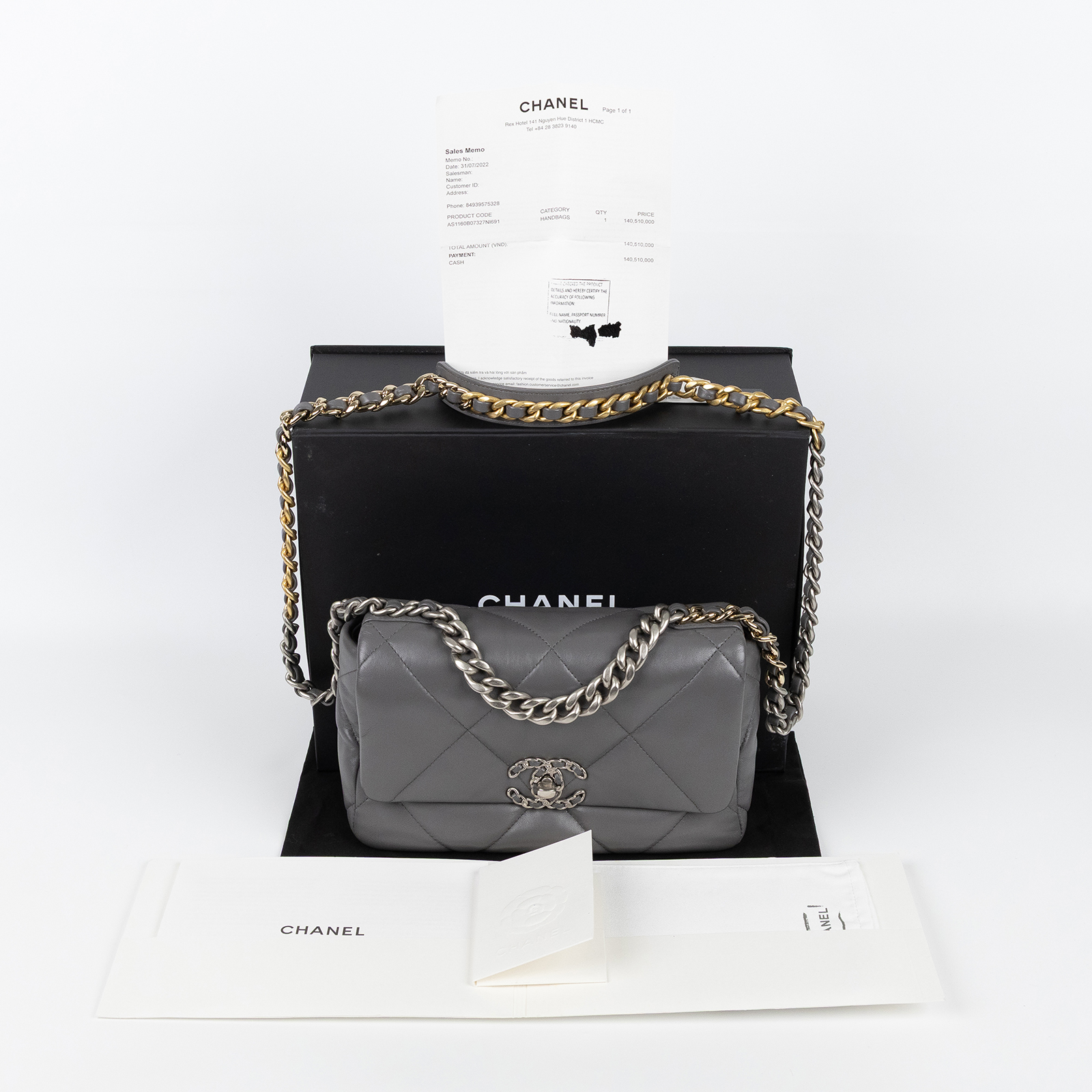 香奈兒 CHANEL 19 口蓋包 菱格紋 金銀鍊帶 手提 肩背包 AS1160 B07327 灰銀19 26CM 原廠盒子/防塵袋/購買證明