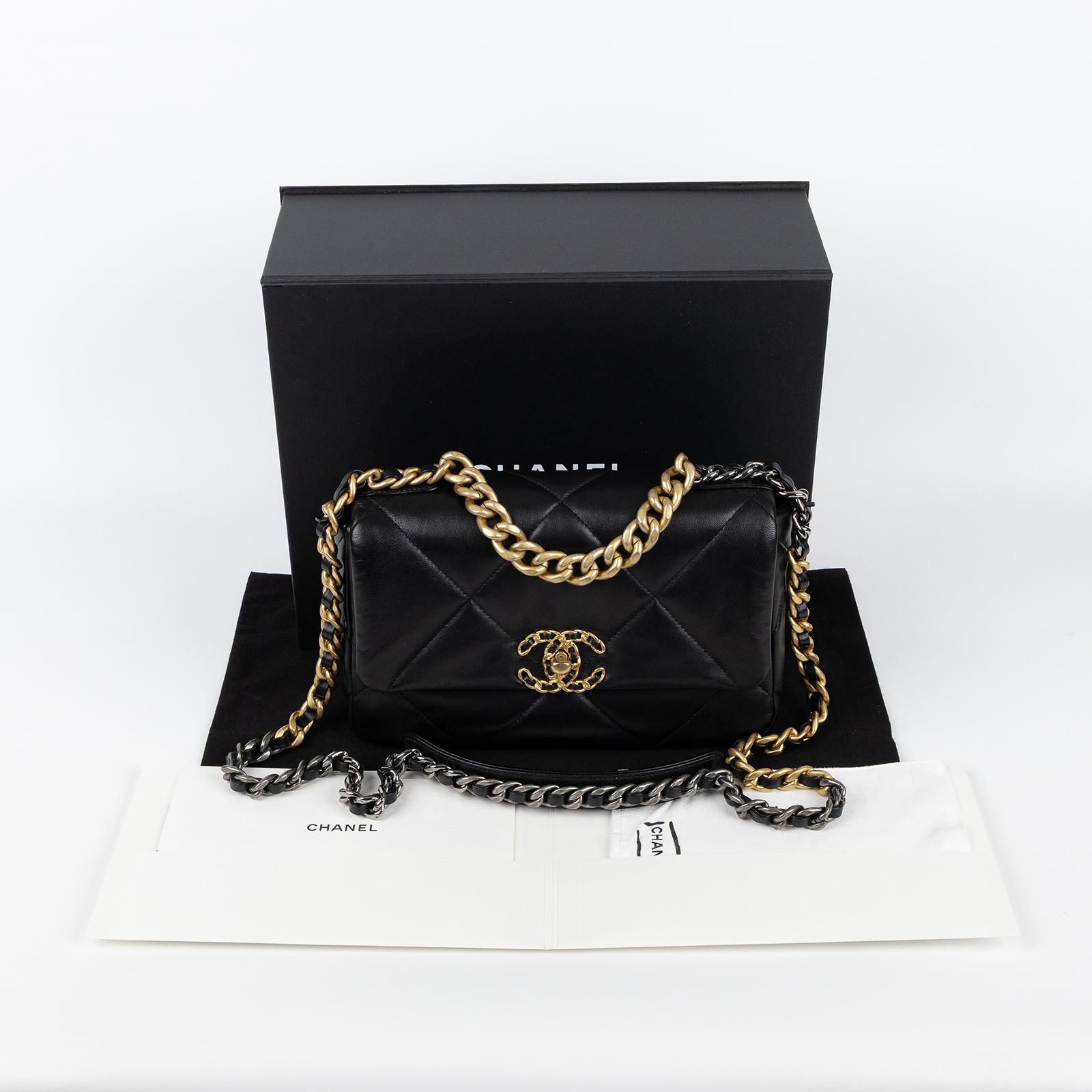 香奈兒 CHANEL 19 口蓋包 菱格紋 金銀鍊帶 手提 肩背包 AS1160 30開 黑金19包 26CM 原廠盒子/防塵袋/保證卡