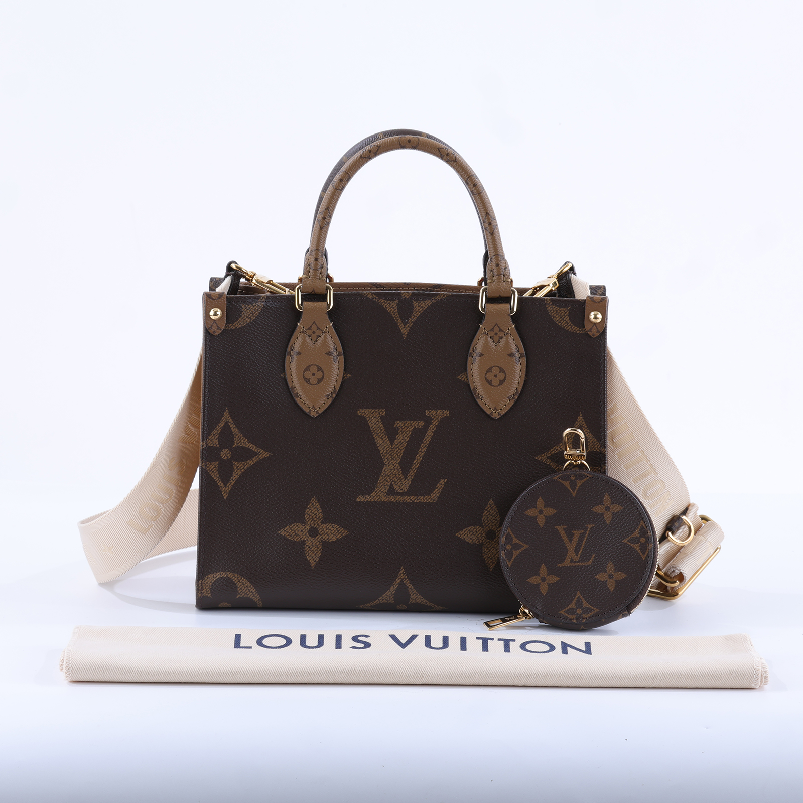 路易威登 LOUIS VUITTON OnTheGo PM 雙色帆布 手提 斜背包 M46373 晶片款 原花ON THE GO PM 防塵袋/內袋/背帶