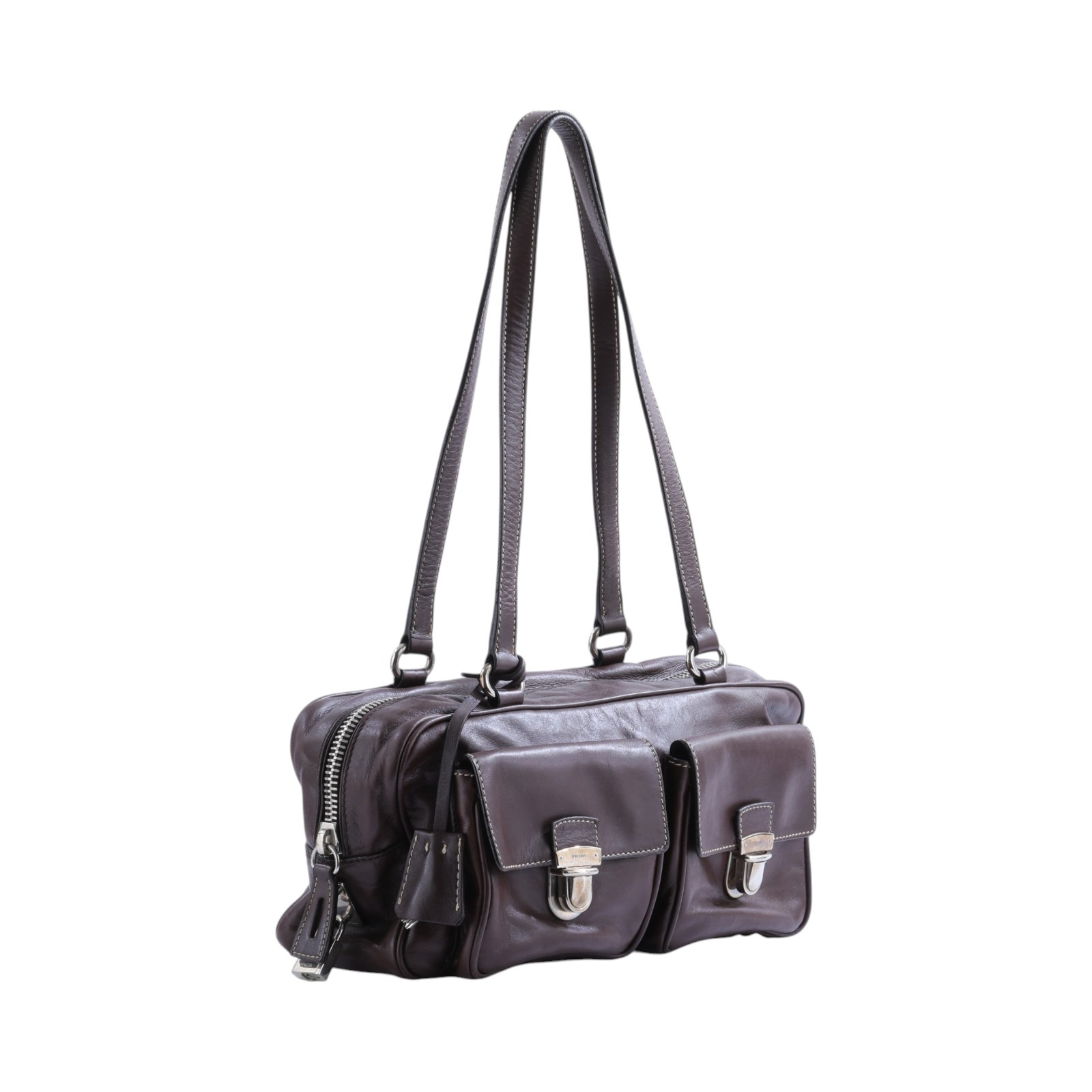 普拉達 PRADA Push Lock Pocket 肩背包  深咖肩背 鎖組