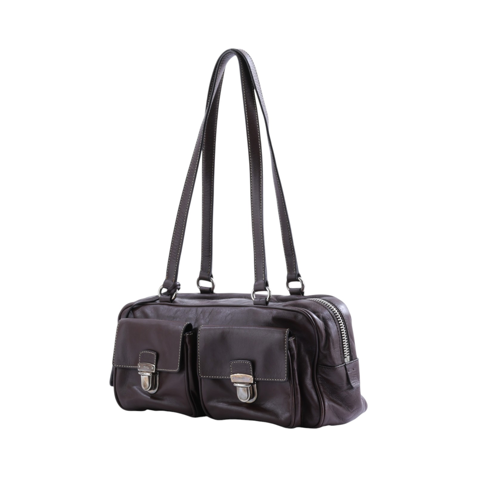 普拉達 PRADA Push Lock Pocket 肩背包  深咖肩背 鎖組