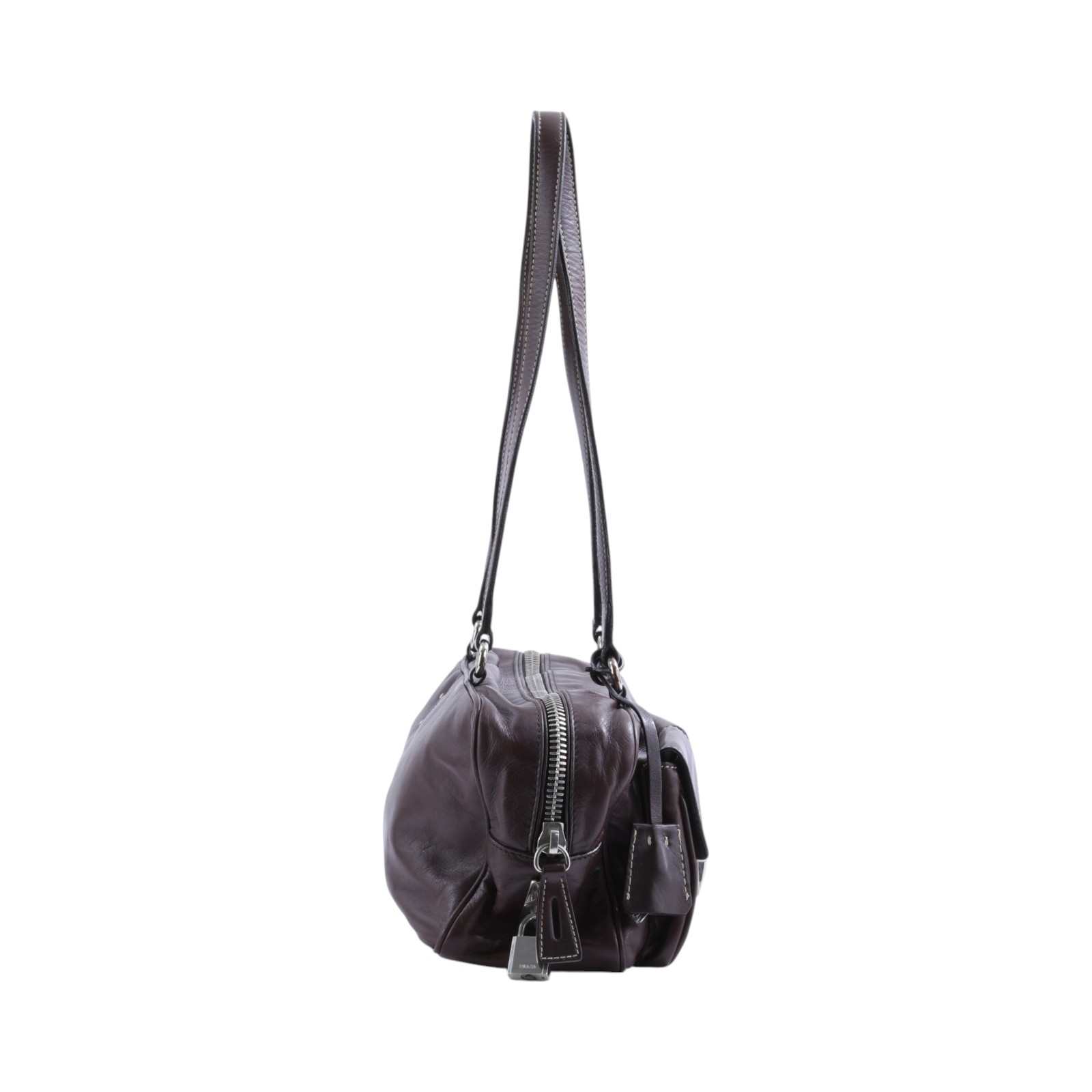 普拉達 PRADA Push Lock Pocket 肩背包  深咖肩背 鎖組