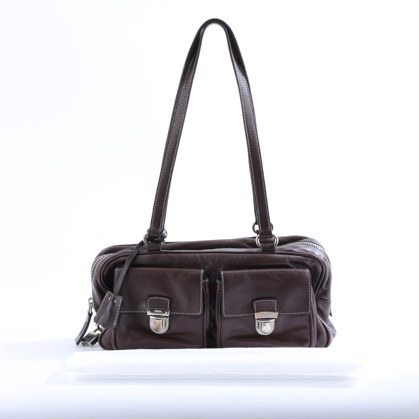 普拉達 PRADA Push Lock Pocket 肩背包  深咖肩背 鎖組