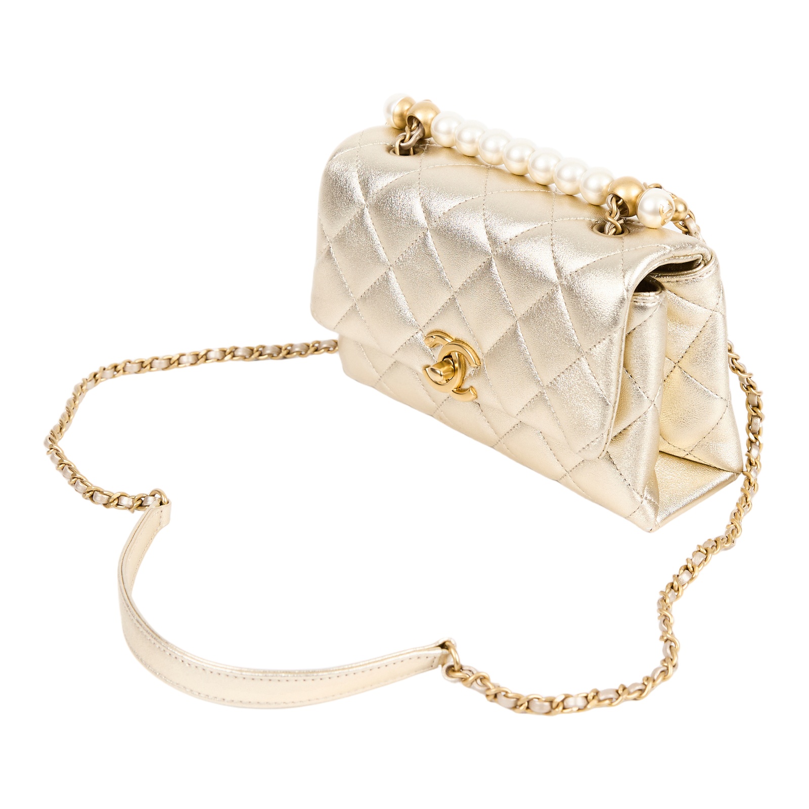 香奈兒 CHANEL MINI FLAP 手提包 肩背包 斜背包 AS5001 晶片款 金色羊皮珍珠鍊條包 原廠盒子